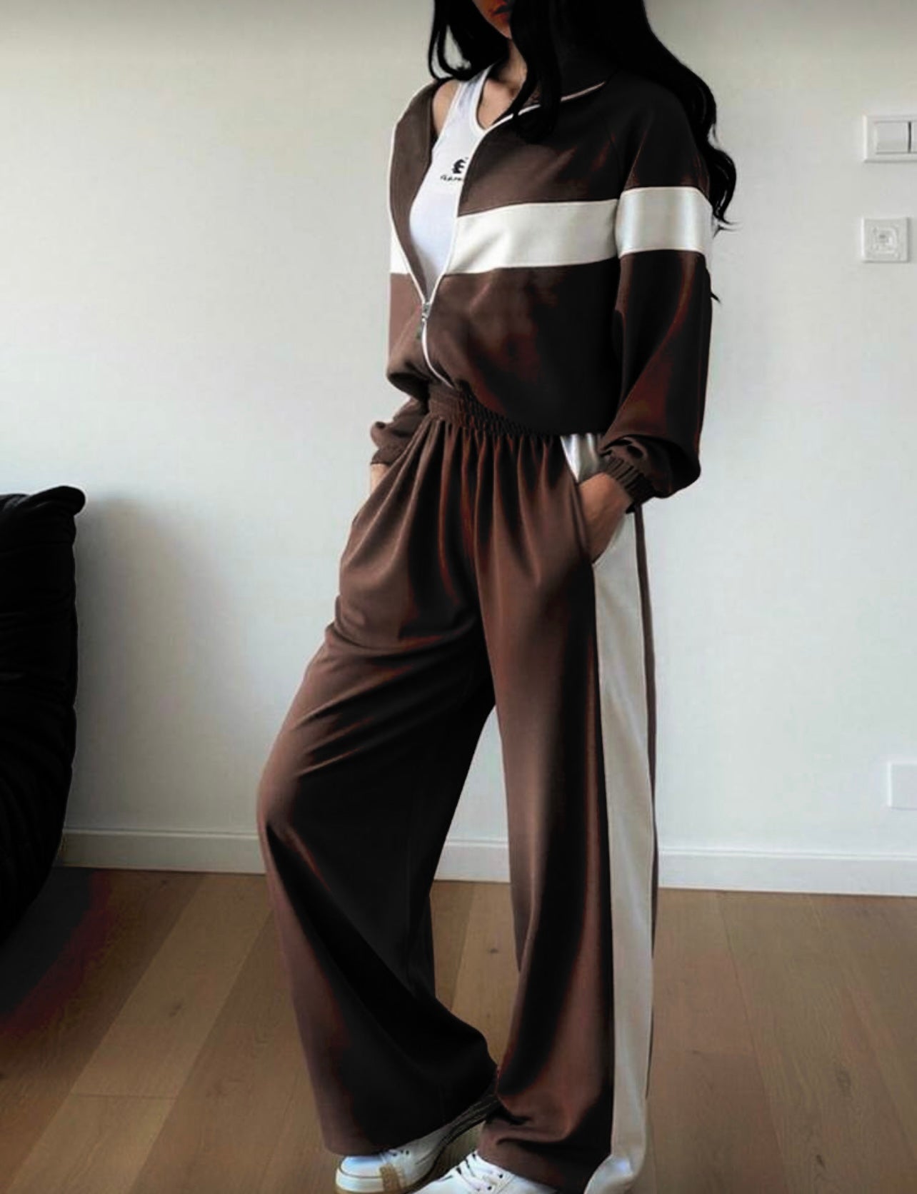 Σετ φόρμα ζακέτα με παντελόνα και σχέδιο με ρίγα - Σοκολατί