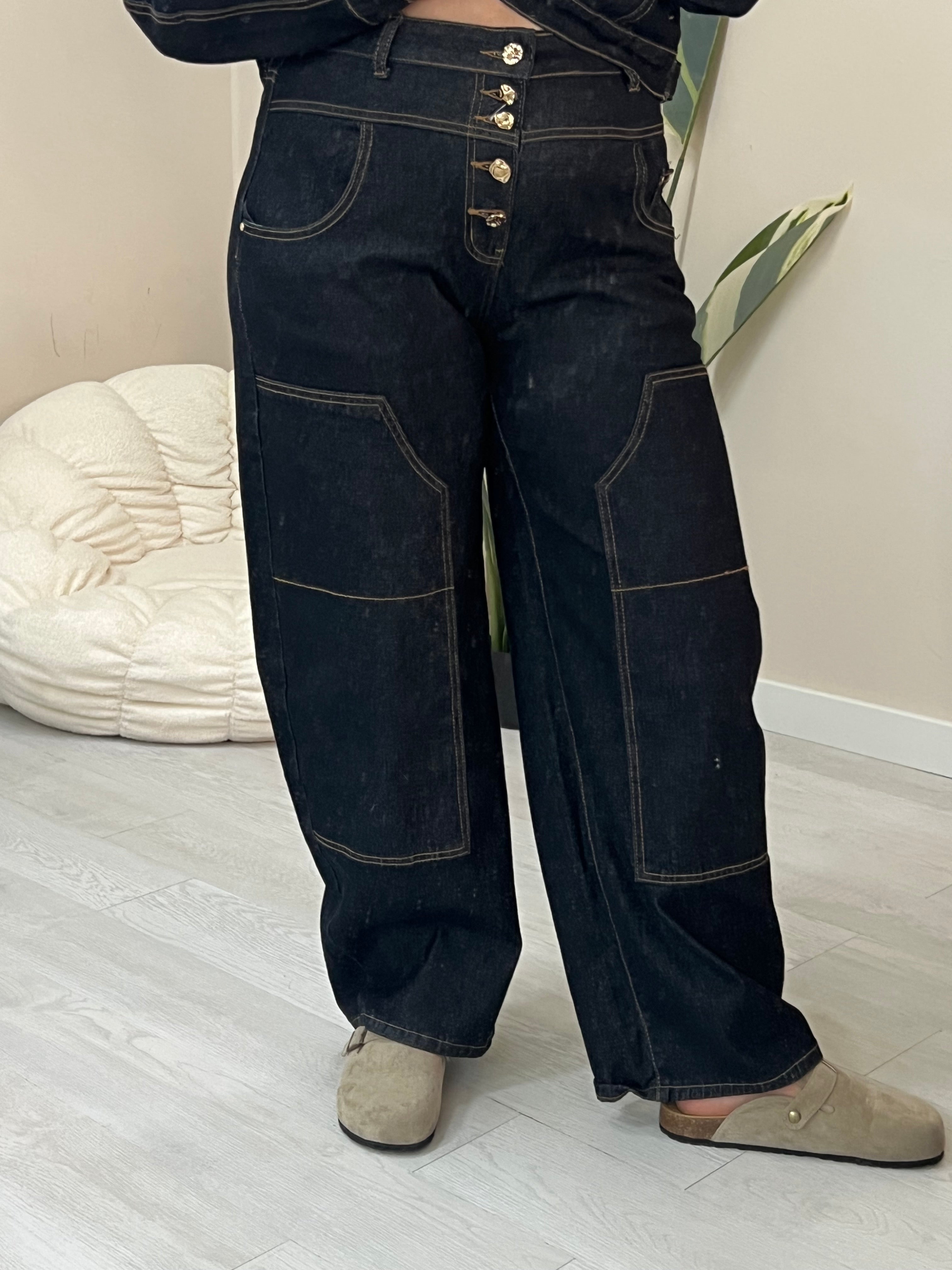 Denim set jacket με χρυσά κουμπιά και ψηλόμεσο παντελόνι