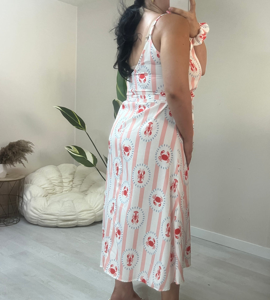 Midi Φόρεμα με print, ζωνάκι μέσης και scrunchy - Λευκό με αστακούς