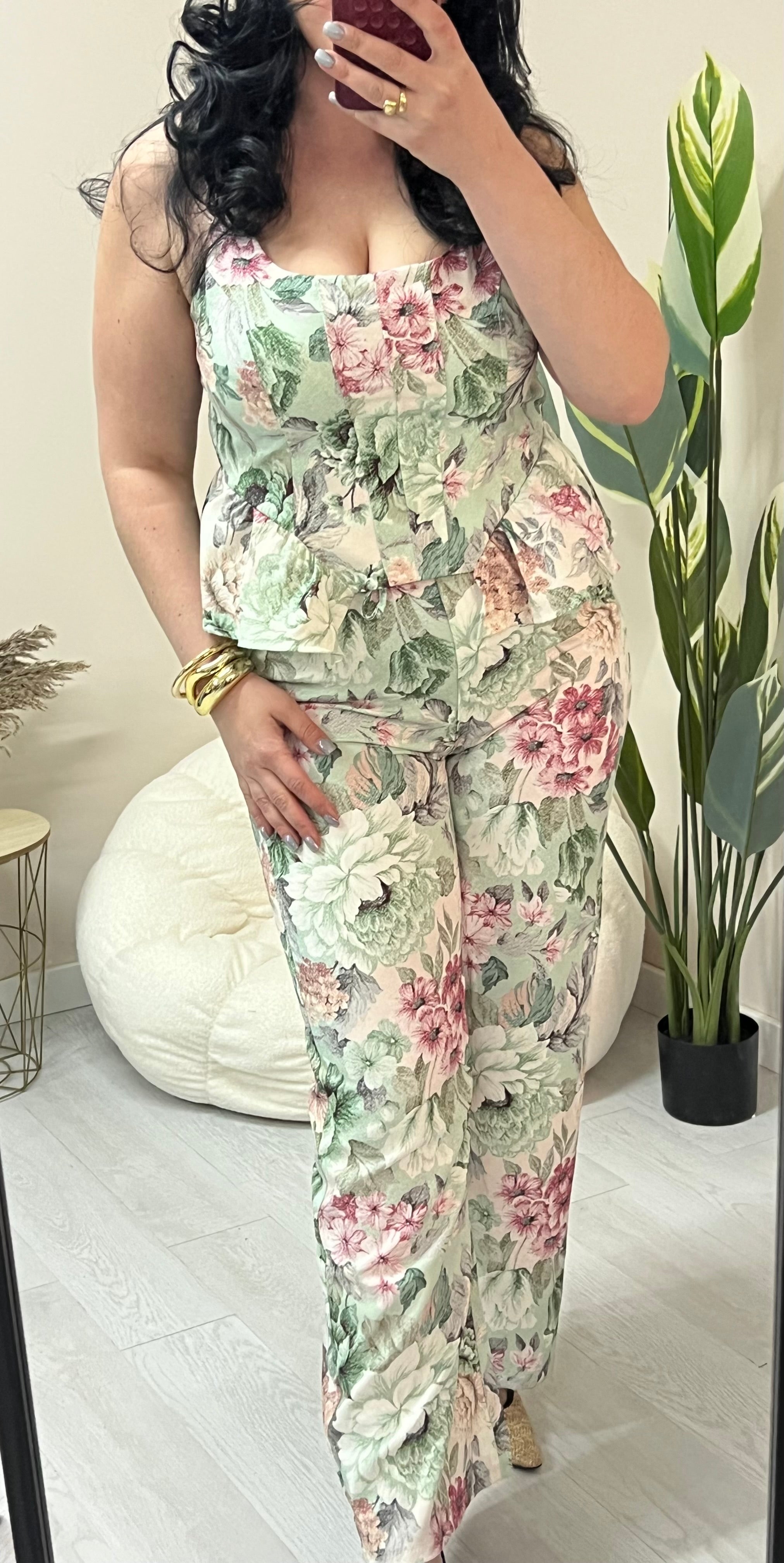 Σετ floral με peplum τοπ & παντελόνα - Φυστικί