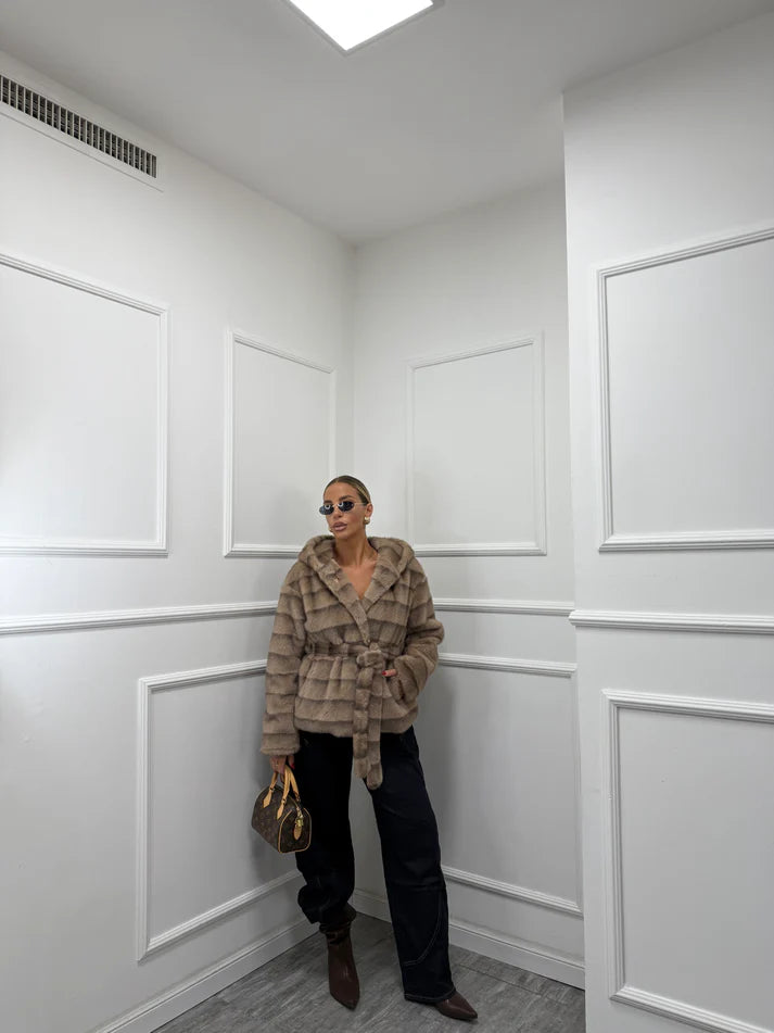 Οικολογική γούνα με κουκούλα και ζώνη - Πούρο