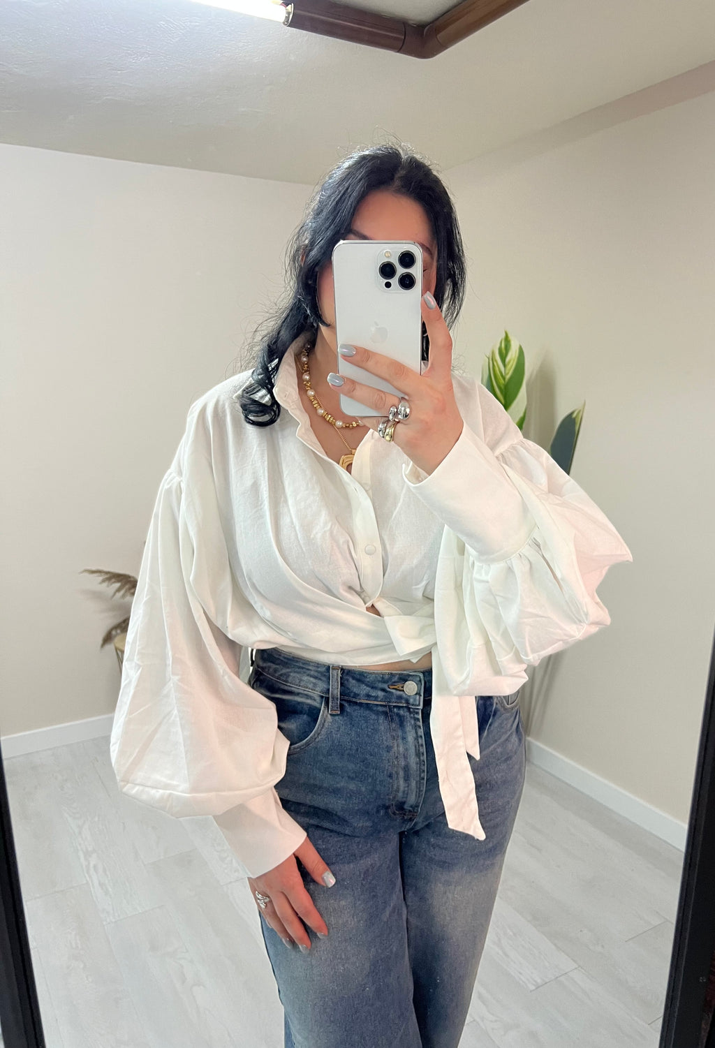 Crop λινό πουκάμισο με δέσιμο στο πλάι - Λευκό