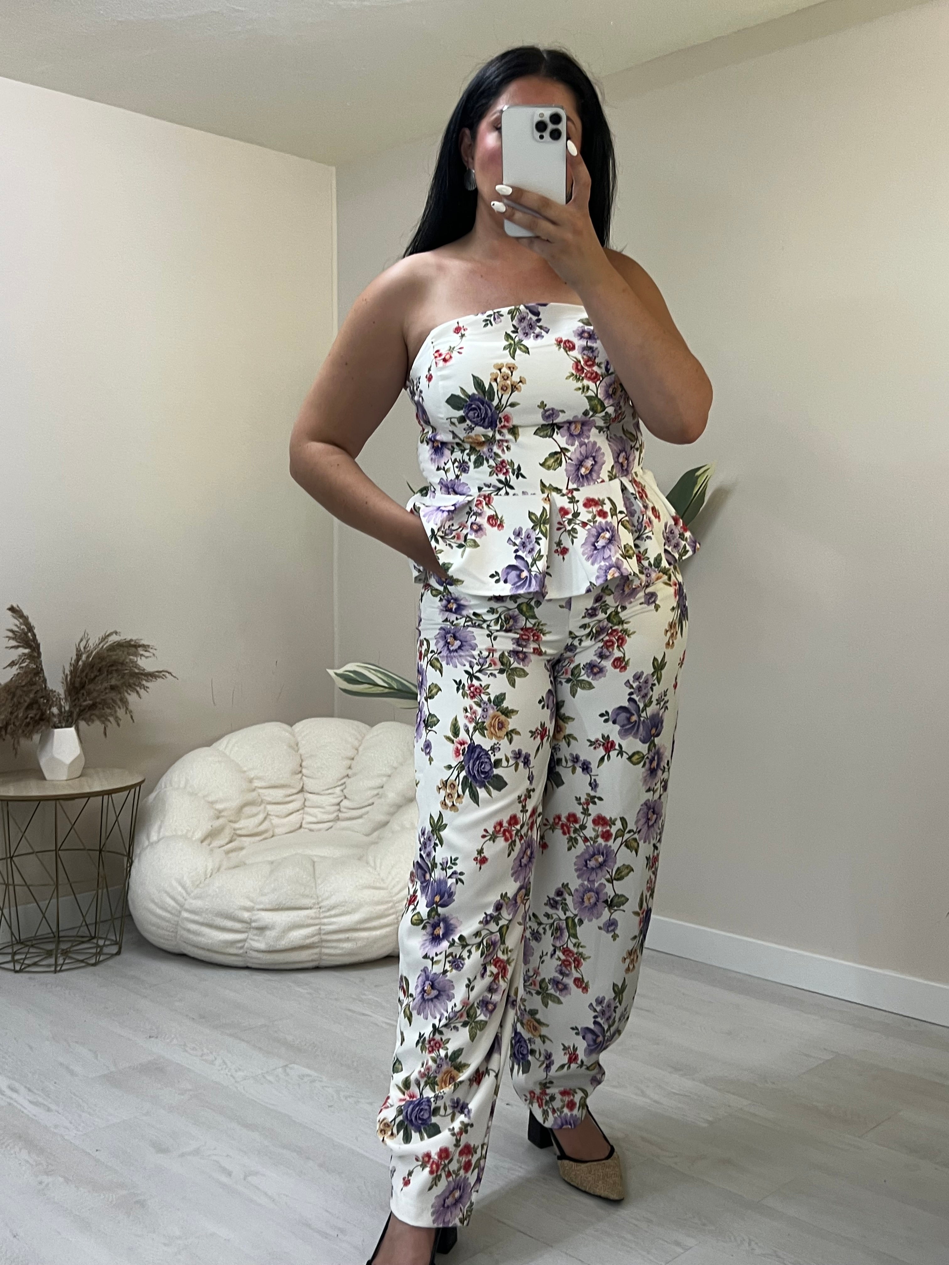 Floral σετ balloon παντελόνι και στράπλες peplum top - Λευκό με μωβ
