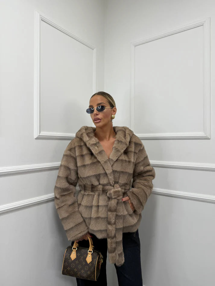 Οικολογική γούνα με κουκούλα και ζώνη - Πούρο