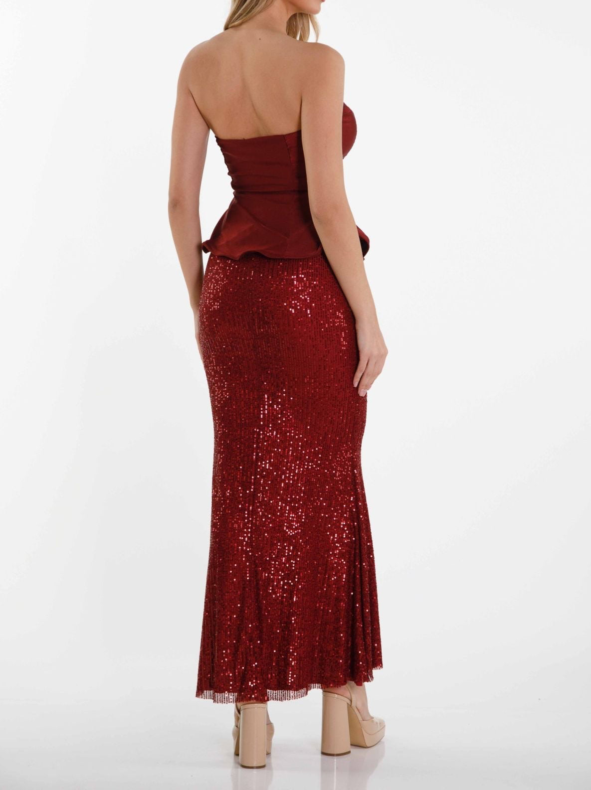 Στράπλες μάξι φόρεμα με παγιέτες στην φούστα - Κόκκινο