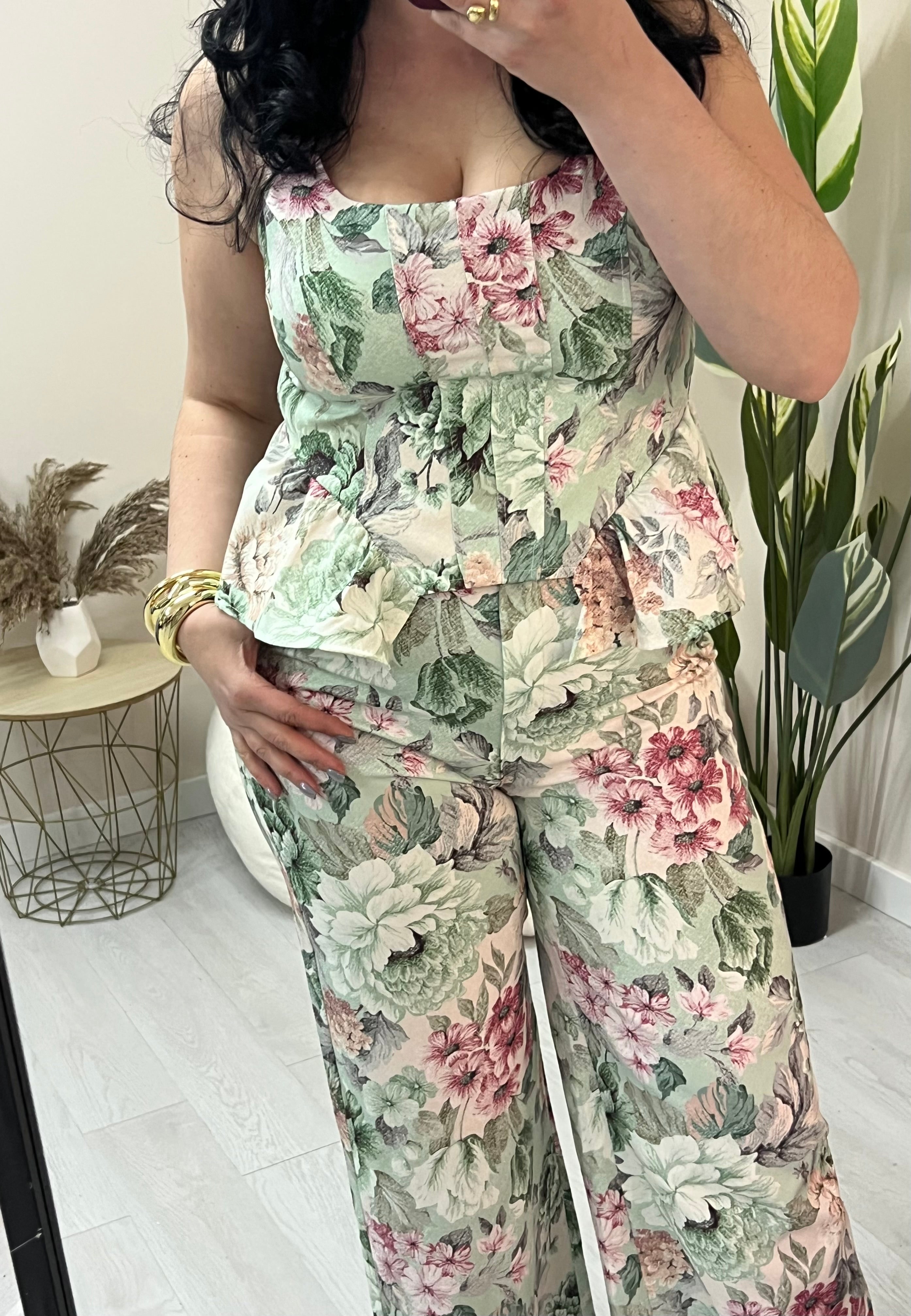 Σετ floral με peplum τοπ & παντελόνα - Φυστικί