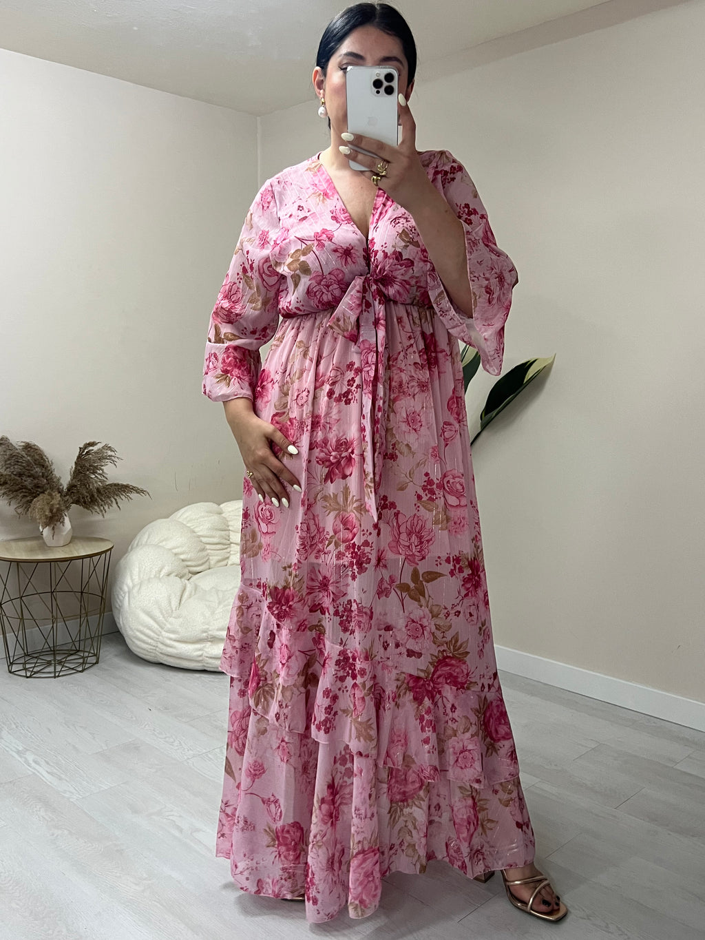 Floral maxi φόρεμα με εφέ χρυσοκλωστής - Ροζ