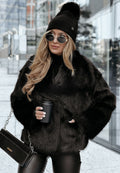 Oversized οικολογική γούνα με φαρδύ γιακά - Μαύρο