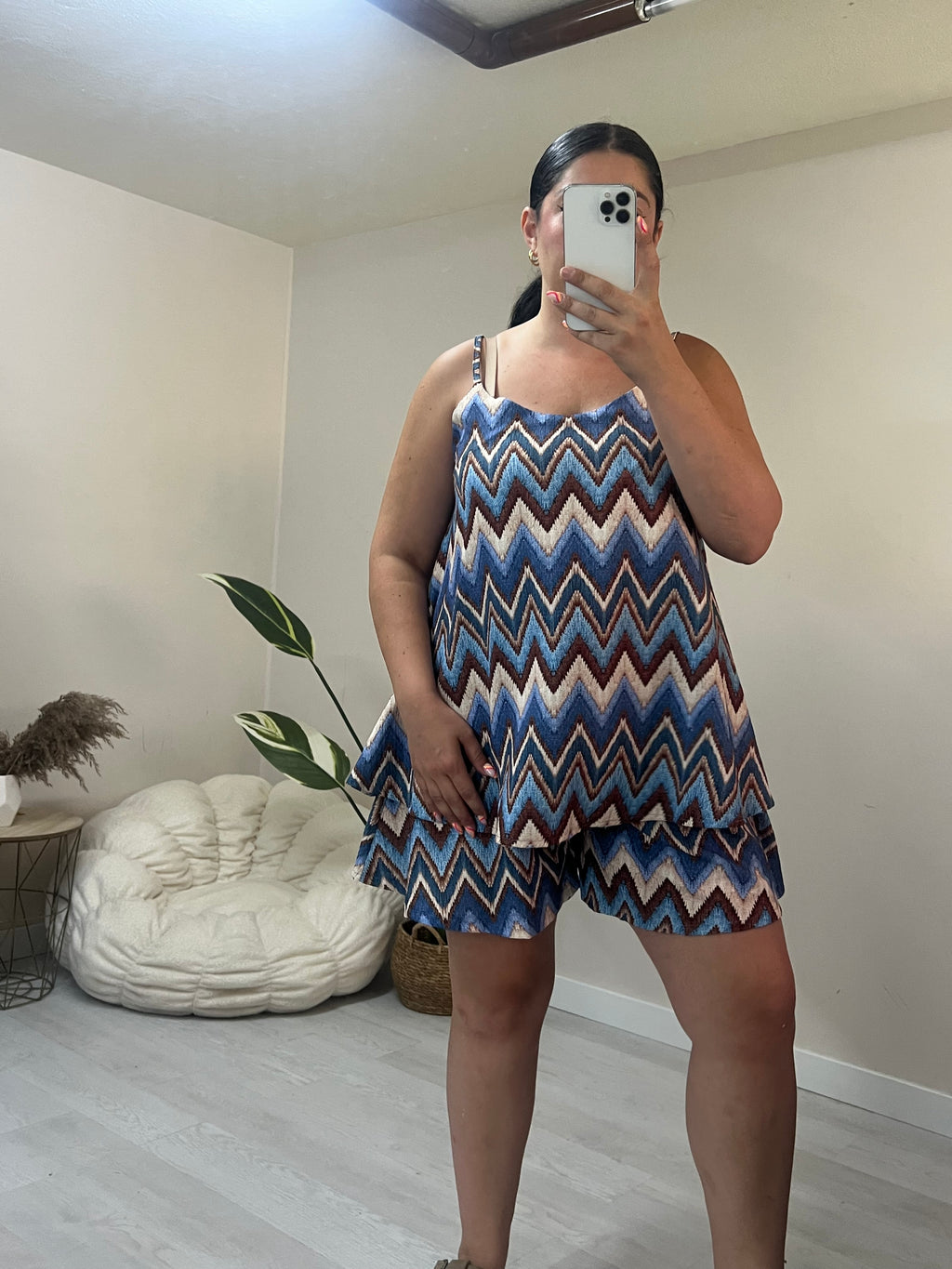 Σετ τιραντέ top & σορτς με λάστιχο - Zig Zag Print (γαλάζιο, πετρόλ, καφέ, μπεζ)