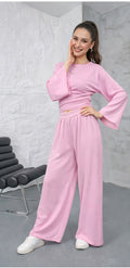 Σετ φόρμας φούτερ crop top και παντελόνι να σε φαρδιά γραμμή - Ροζ