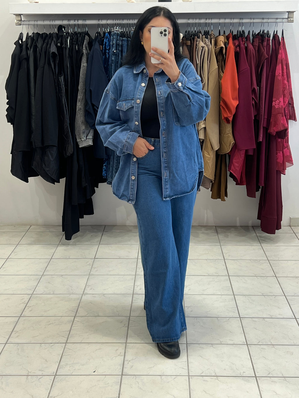 Denim set oversized jacket & παντελόνι σε φαρδύα ίσια γραμμή