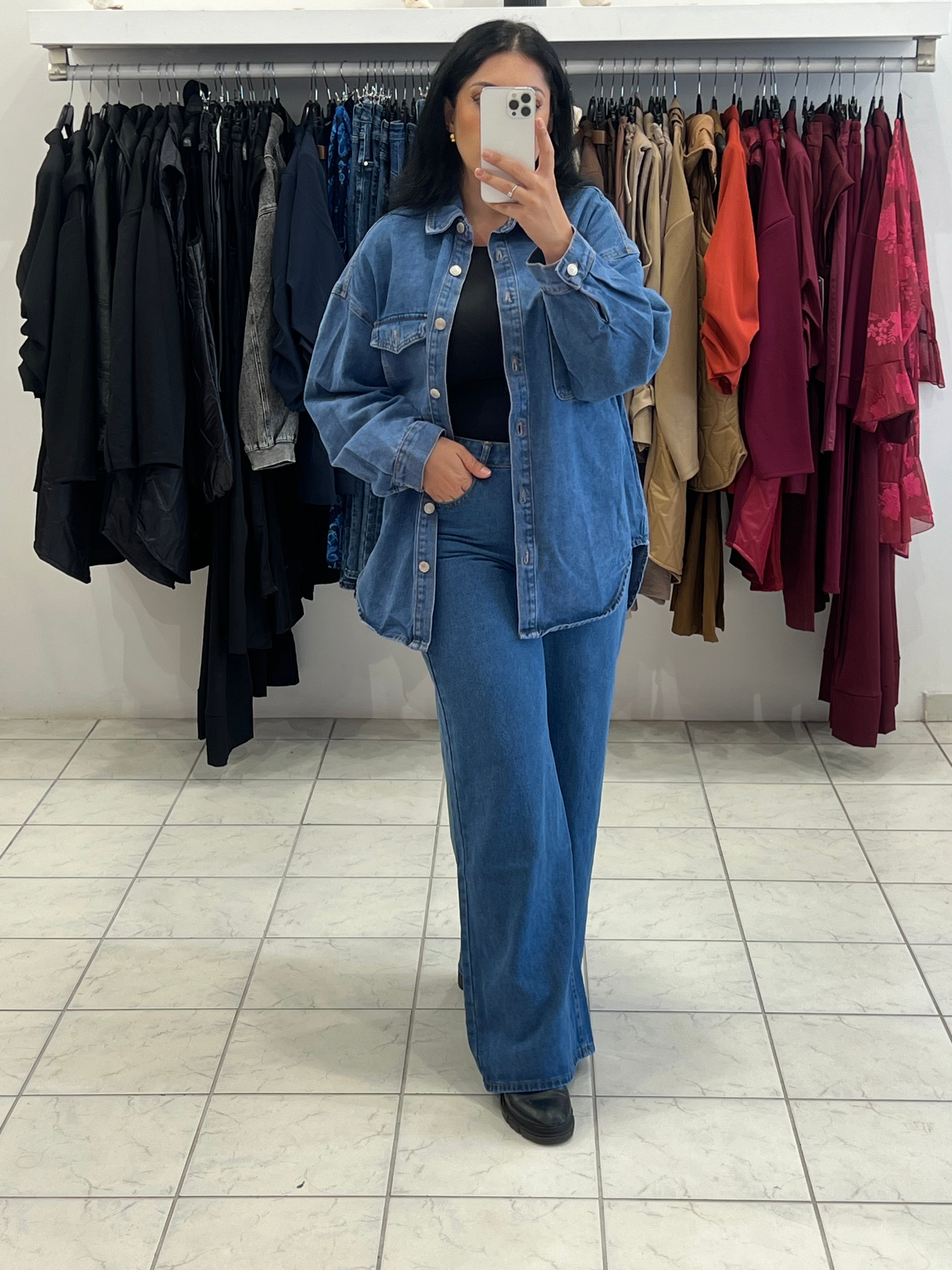 Denim set oversized jacket & παντελόνι σε φαρδύα ίσια γραμμή