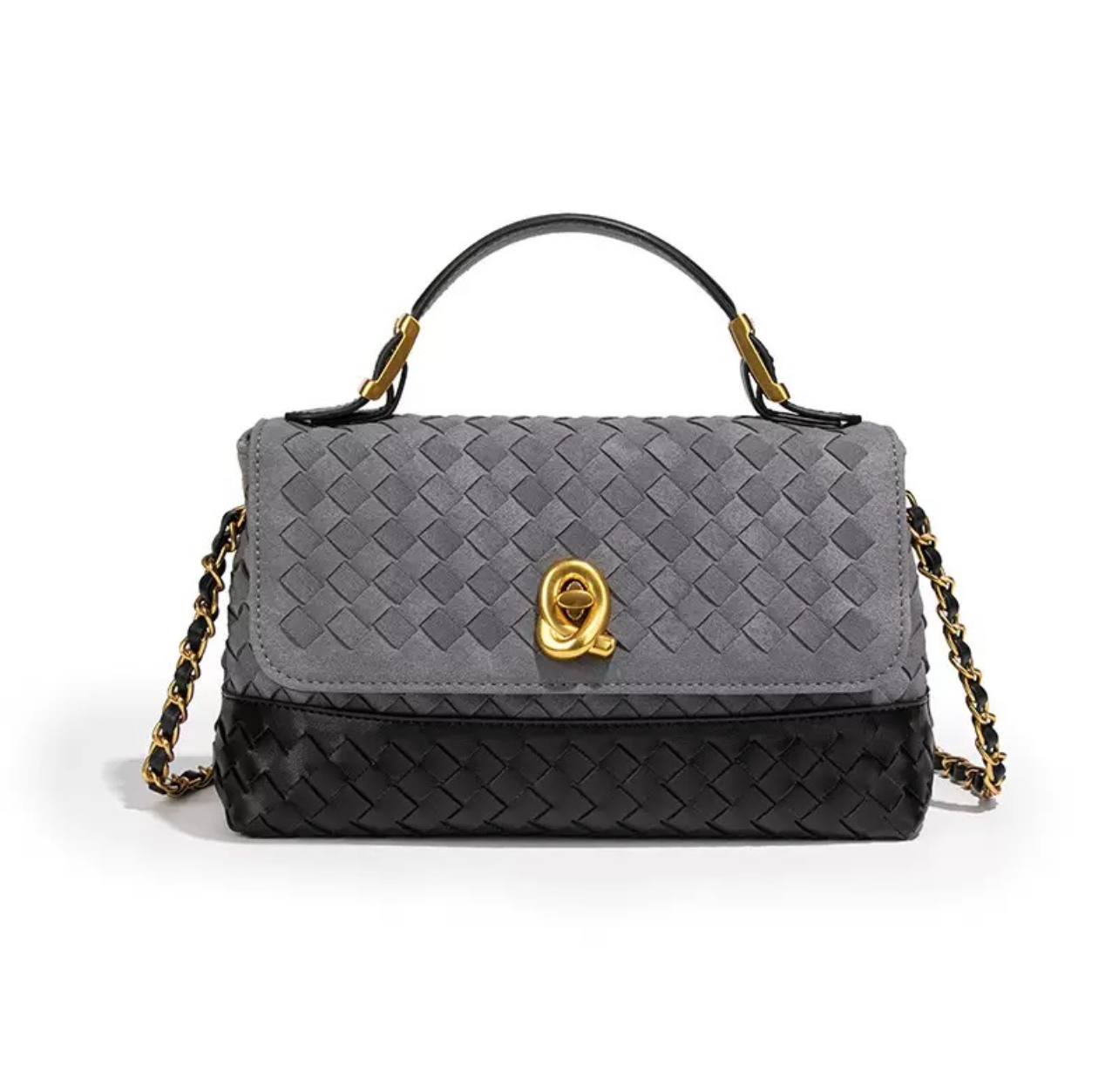 Σουέντ τσάντα με δερματίνη λεπτομέρειες και πλεκτό σχέδιο