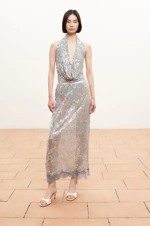 Φούστα κεντητή με παγιέτα LUMINA - Ασημί