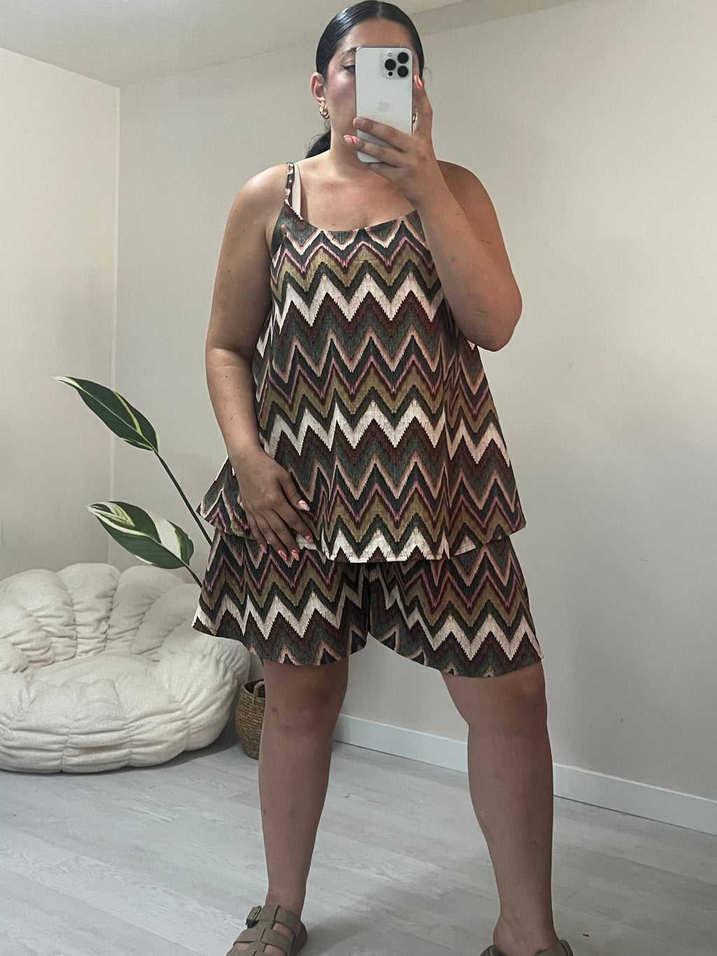 Σετ τιραντέ top & σορτς με λάστιχο - Zig Zag Print (πορτοκαλί, μπλε, καφέ , μπεζ)