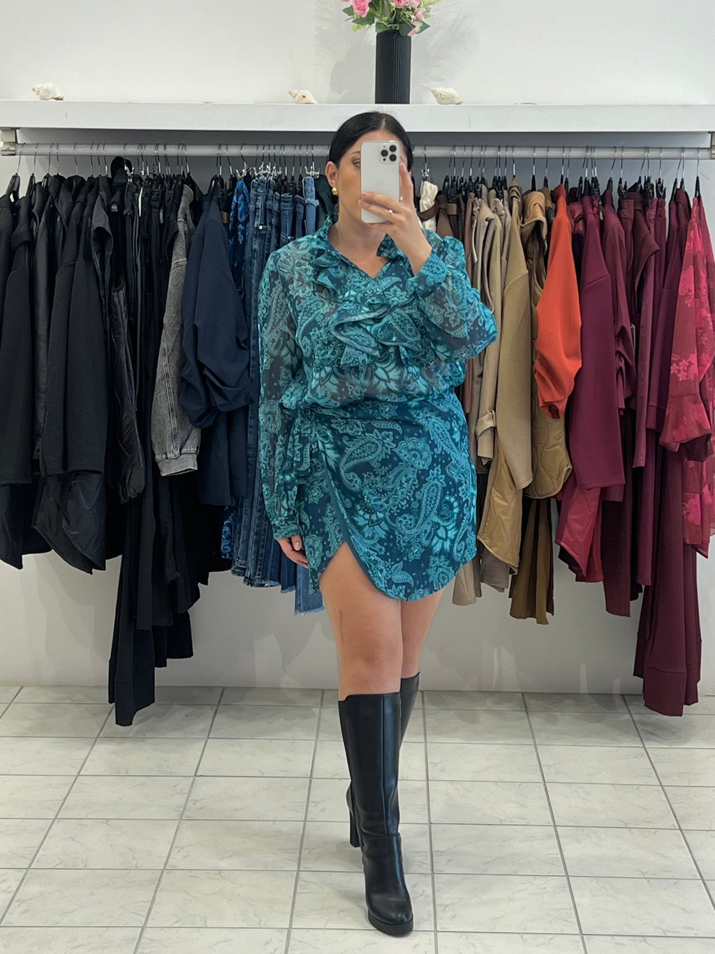 Σετ ημιδιάφανο πουκάμισο με βολάν & φούστα φάκελος - Πετρόλ