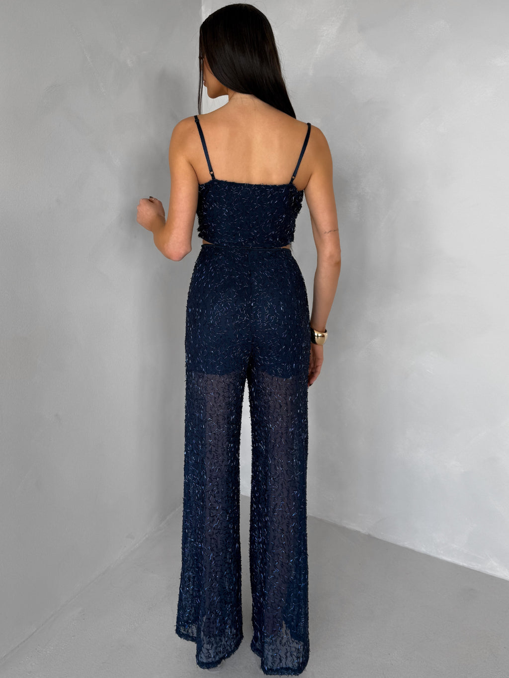 Σετ crop top και ψηλό μέσο παντελόνι με ενσωματωμένο σορτς - Μπλε