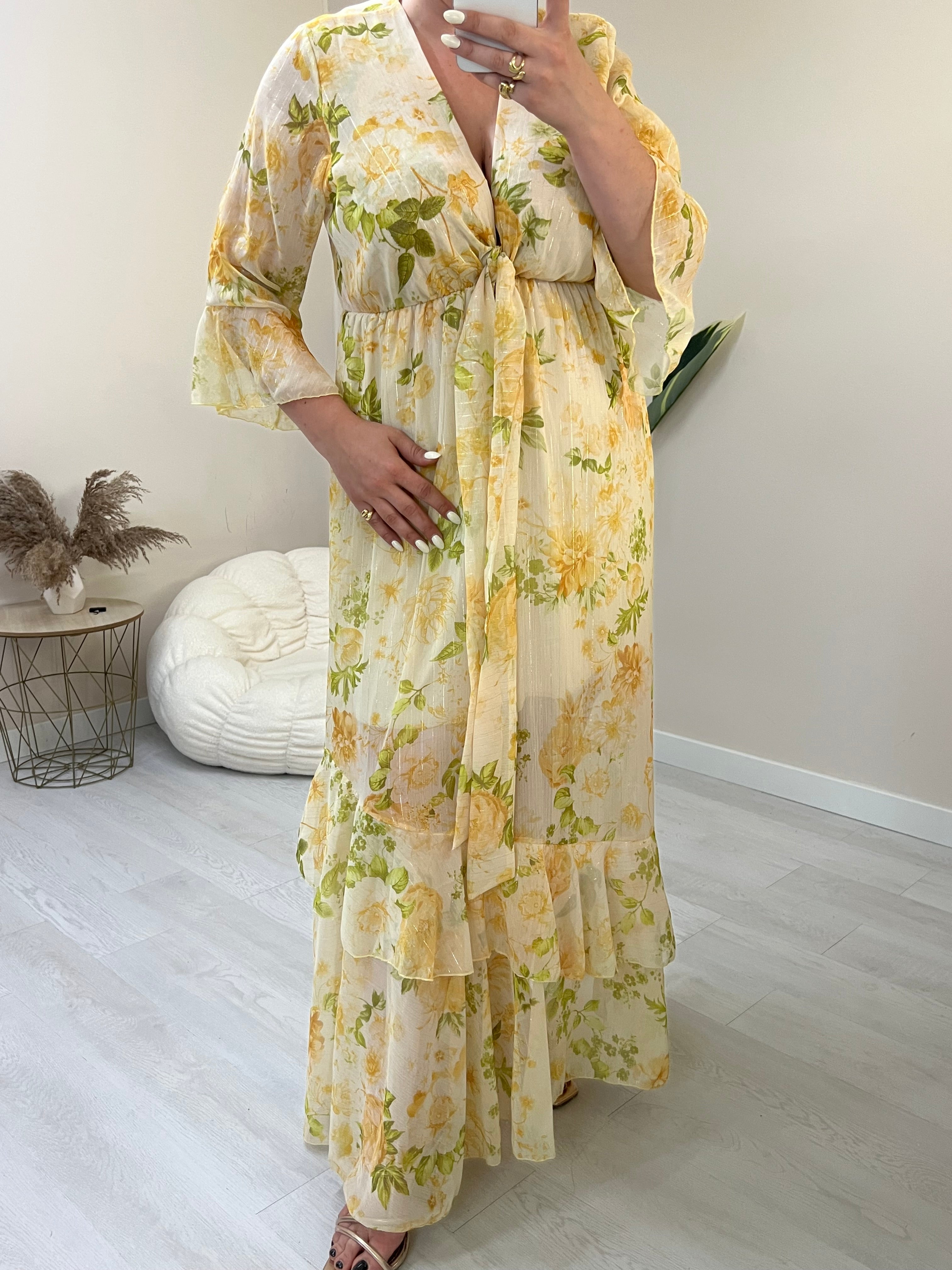 Floral maxi φόρεμα με εφέ χρυσοκλωστής - Κίτρινο