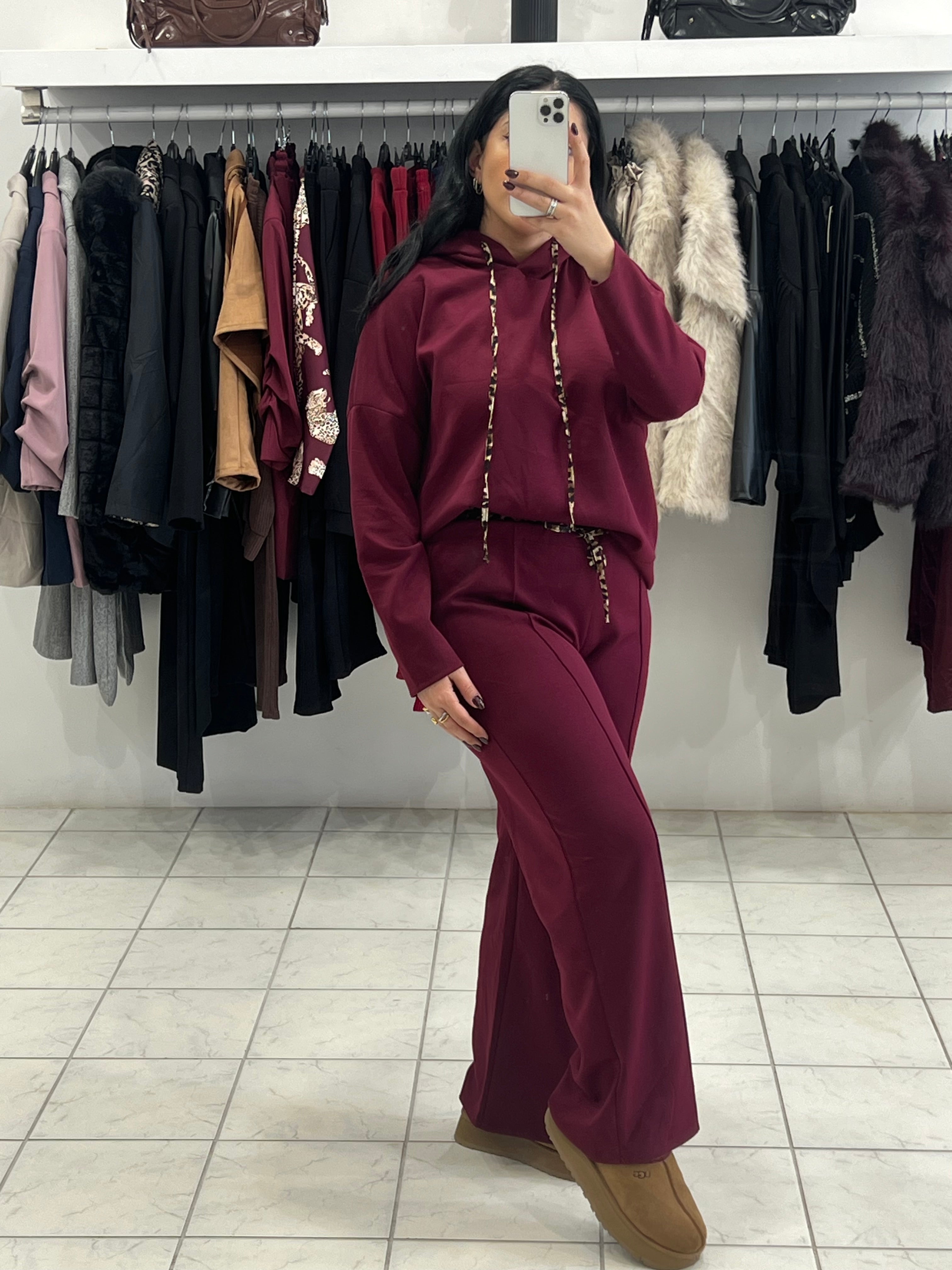 Σετ φούτερ με κουκούλα και παντελόνι με λάστιχο και leopard λεπτομέρειες - Μπορντό