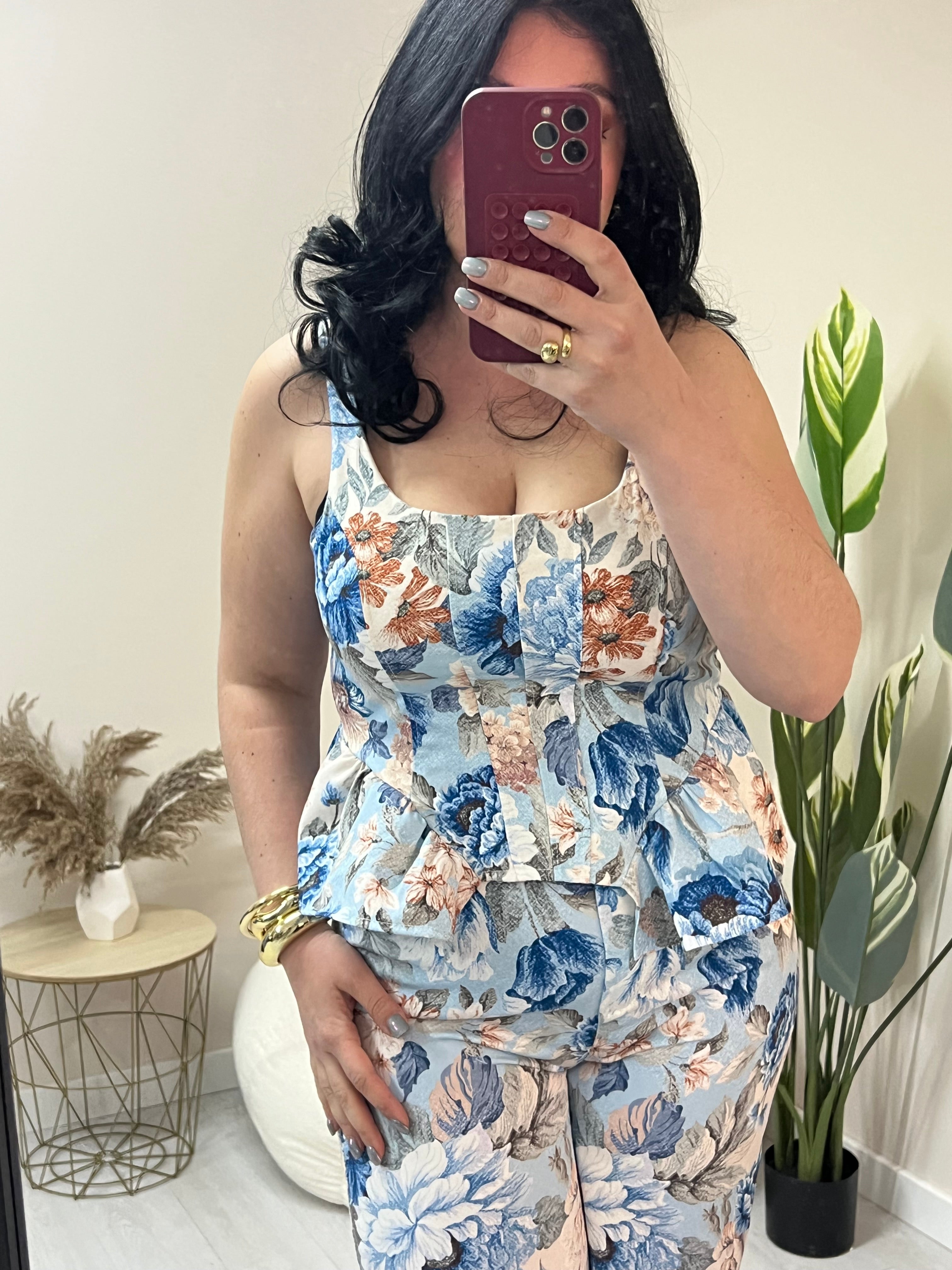 Σετ floral με peplum τοπ & παντελόνα - Μπλε