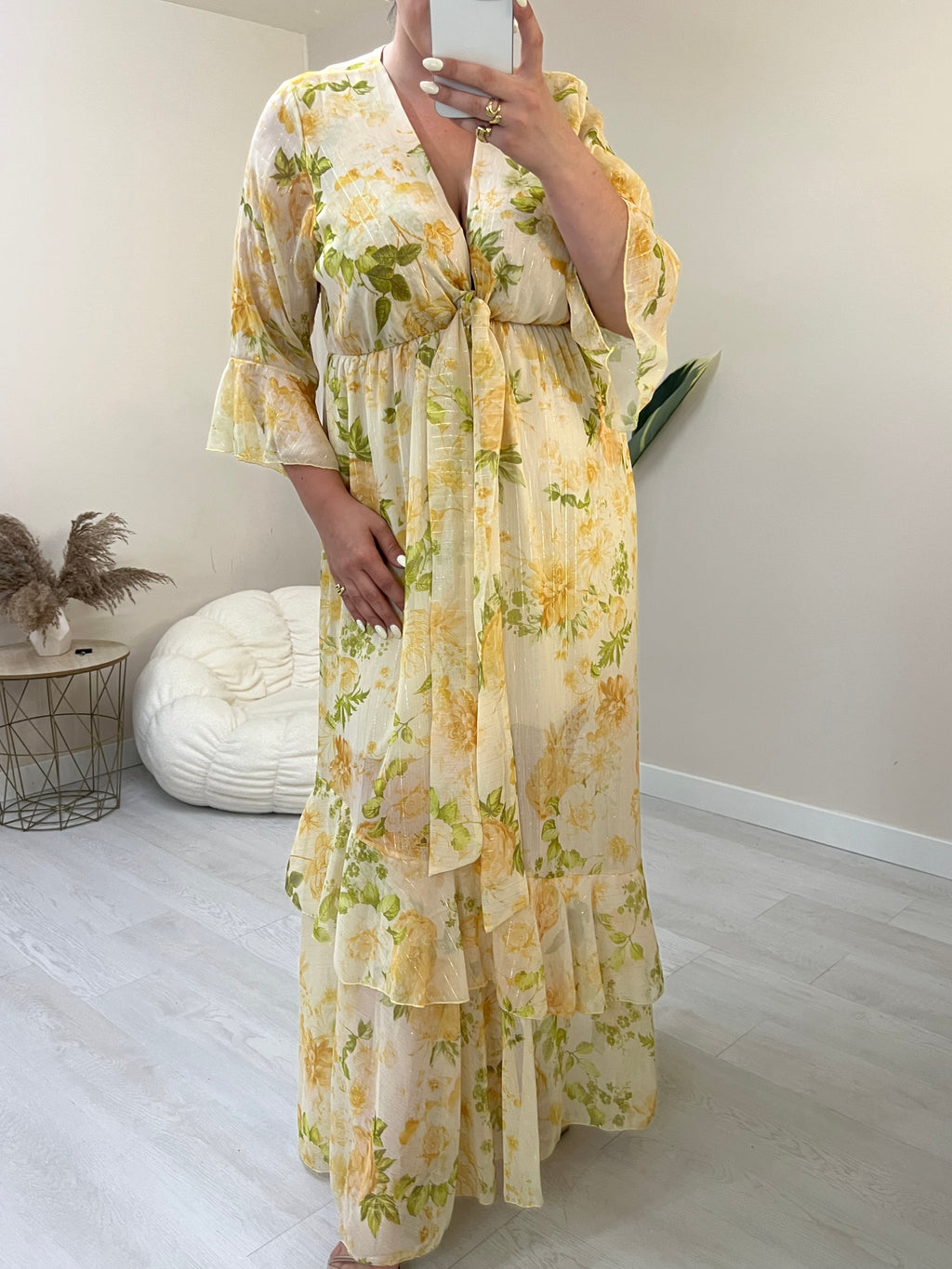 Floral maxi φόρεμα με εφέ χρυσοκλωστής - Κίτρινο