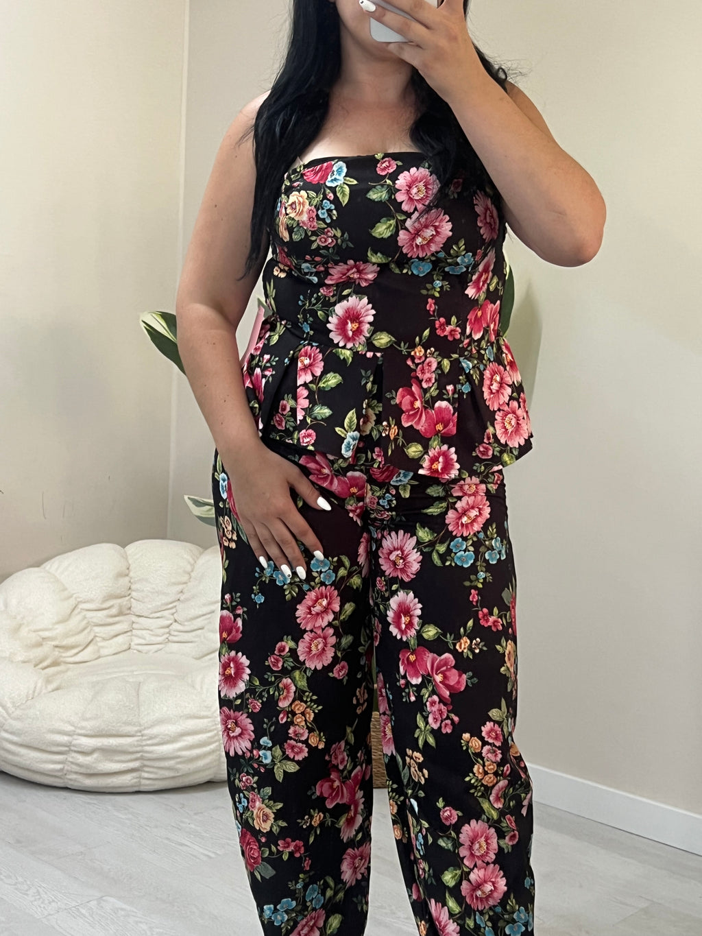 Floral σετ balloon παντελόνι και στράπλες peplum top - Μαύρο