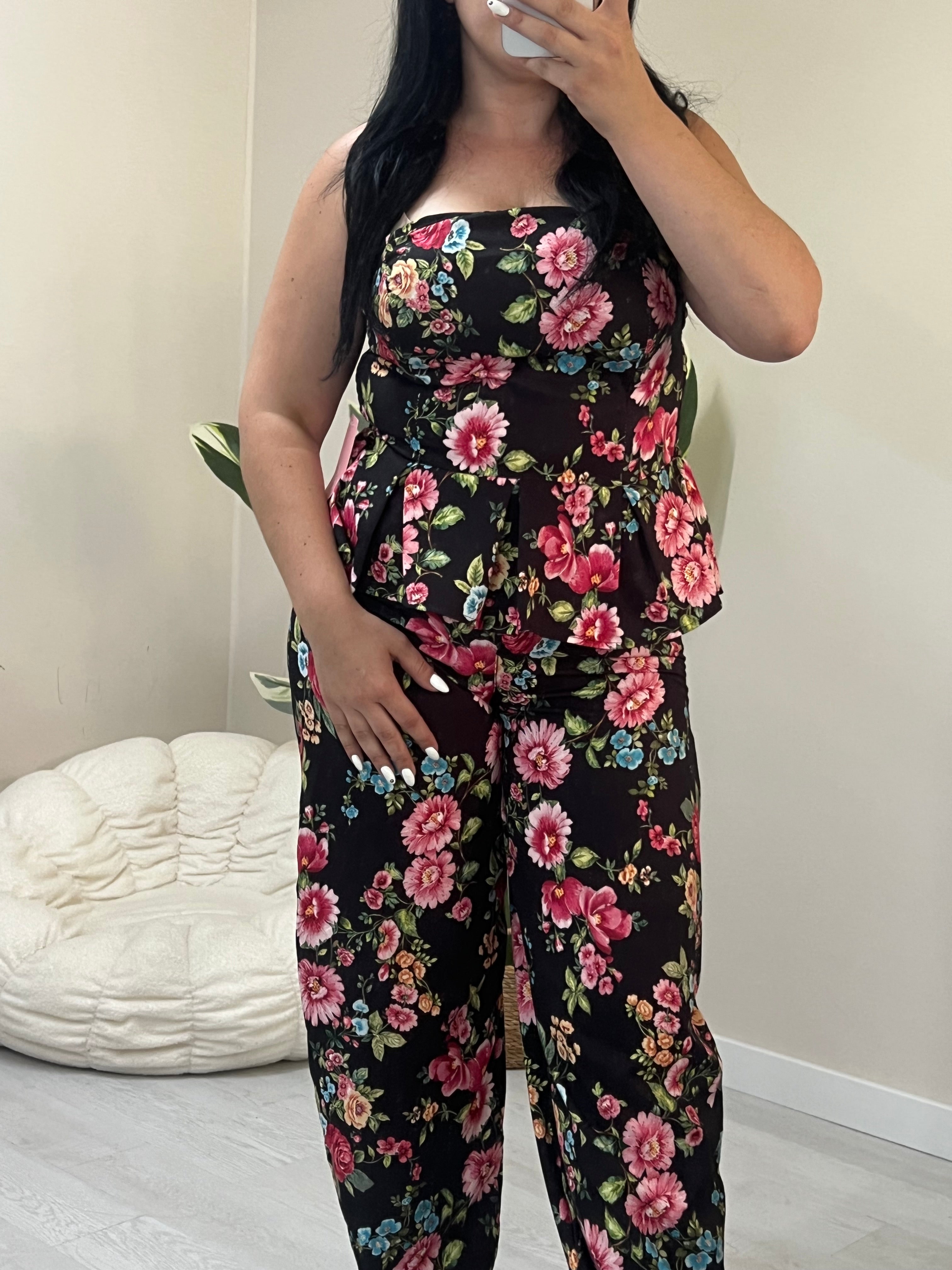 Floral σετ balloon παντελόνι και στράπλες peplum top - Μαύρο