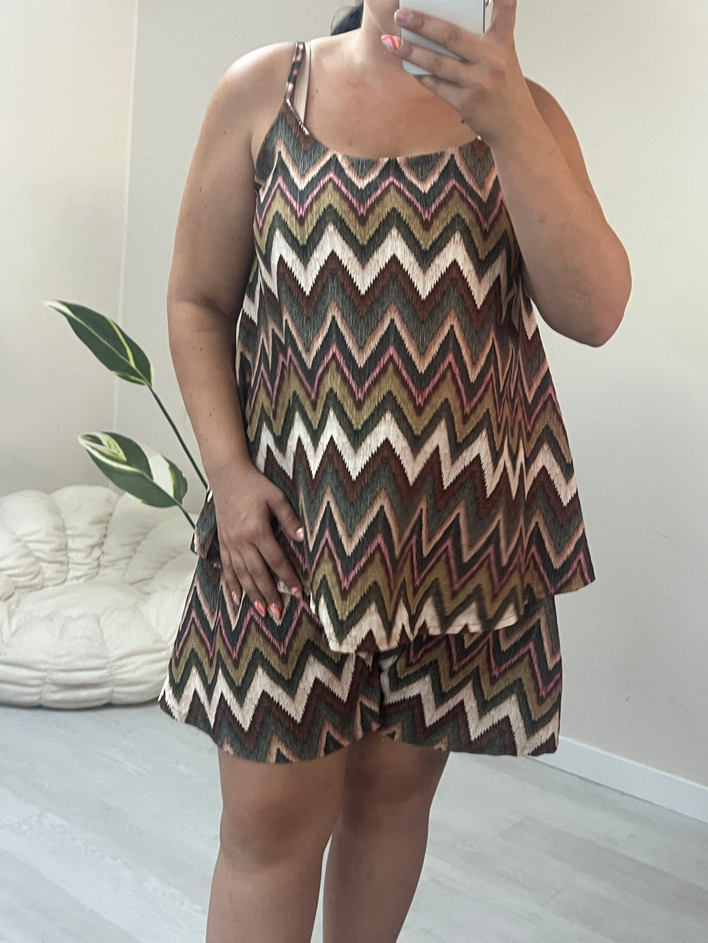 Σετ τιραντέ top & σορτς με λάστιχο - Zig Zag Print (πορτοκαλί, μπλε, καφέ , μπεζ)