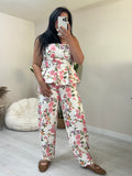 Floral σετ balloon παντελόνι και στράπλες peplum top - Λευκό με ροζ