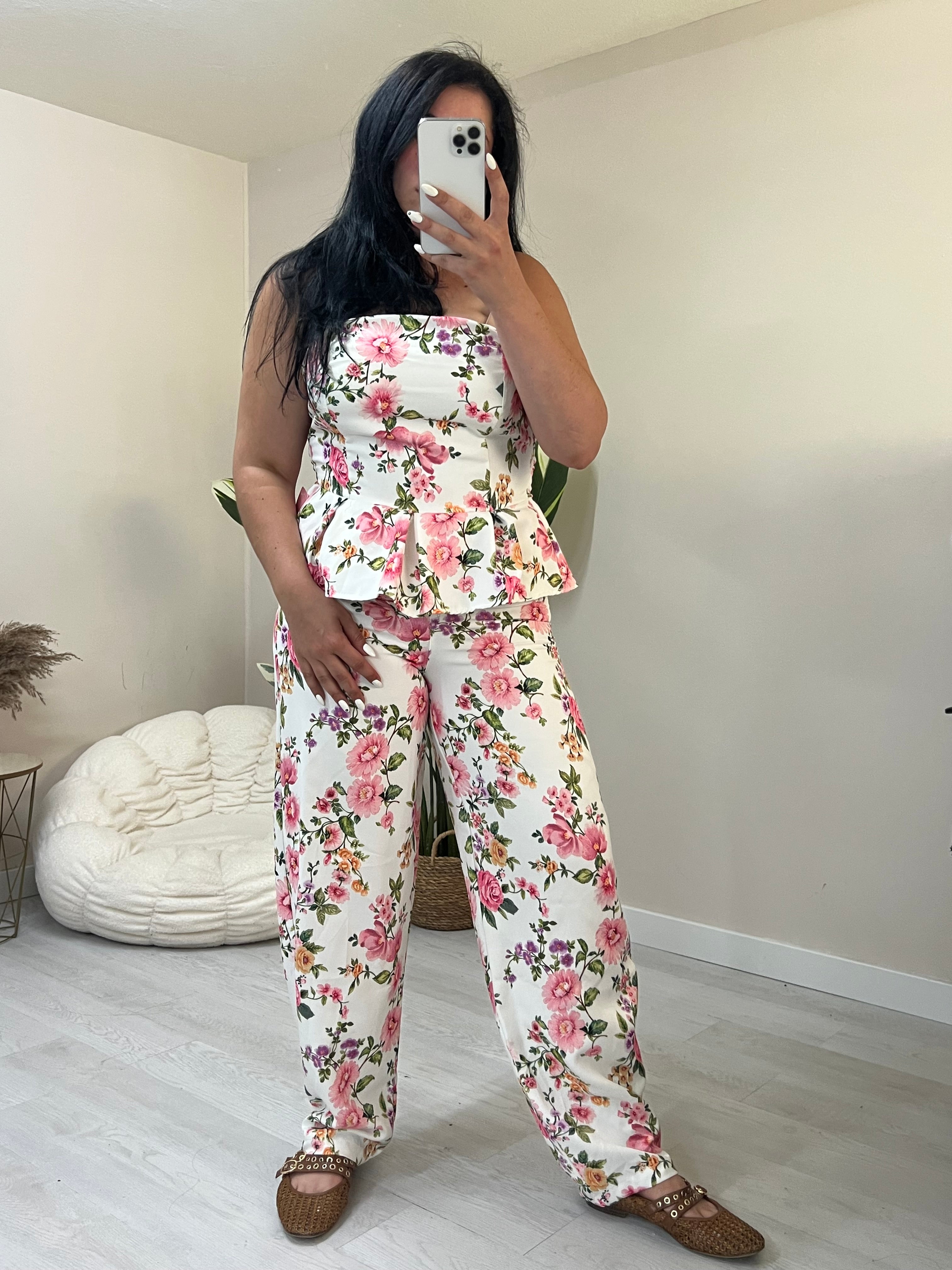 Floral σετ balloon παντελόνι και στράπλες peplum top - Λευκό με ροζ