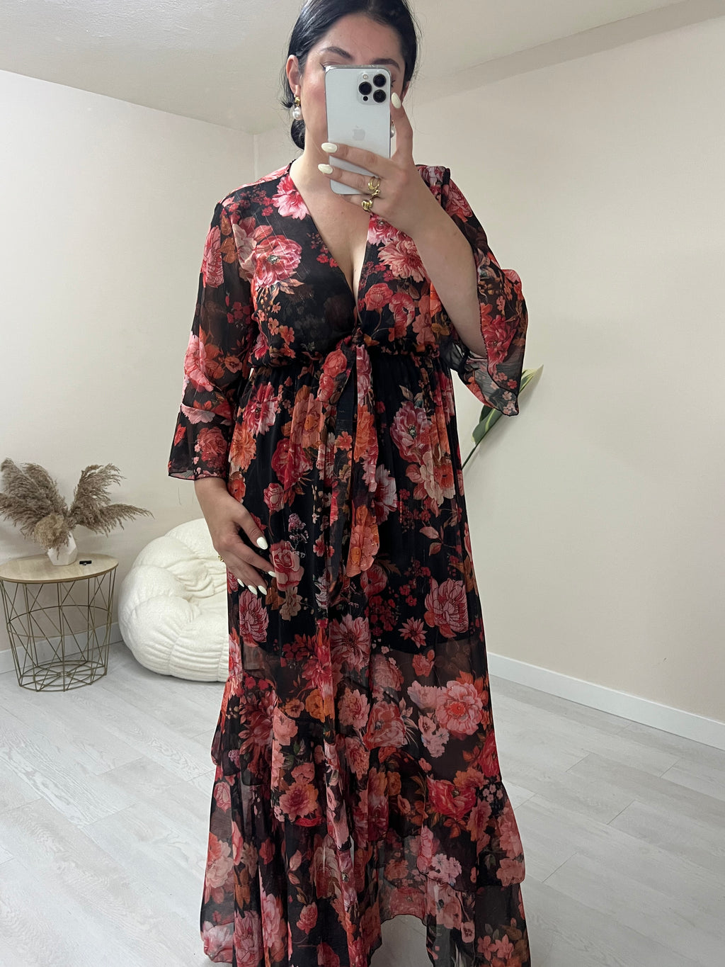 Floral maxi φόρεμα με εφέ χρυσοκλωστής - Μαύρο