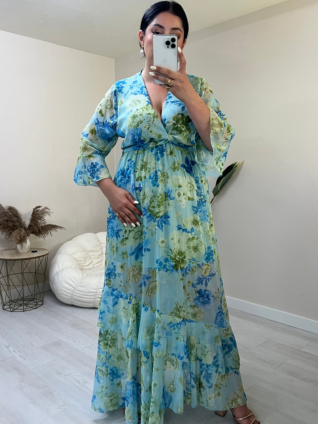 Floral maxi φόρεμα με εφέ χρυσοκλωστής - Γαλάζιο