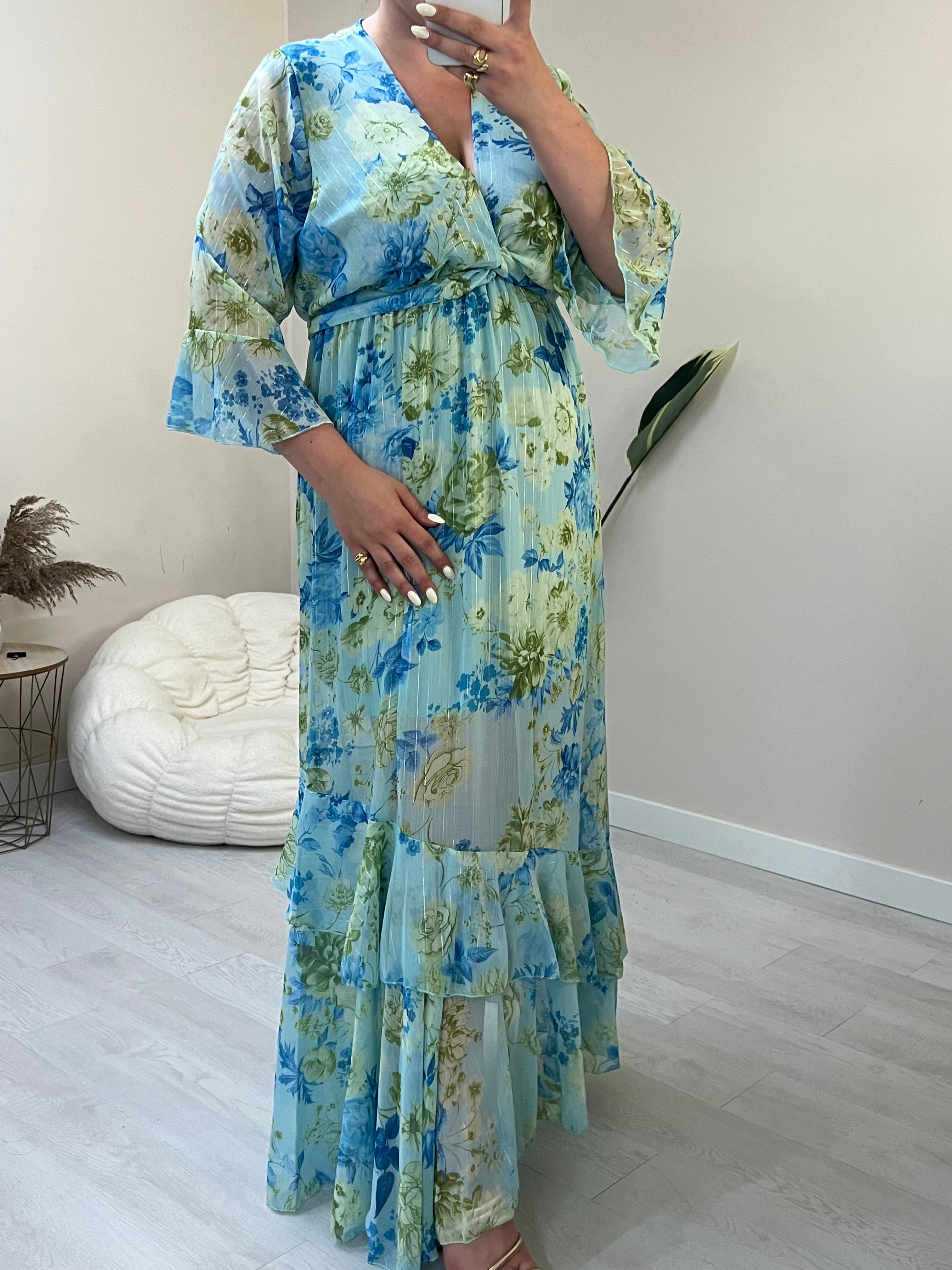 Floral maxi φόρεμα με εφέ χρυσοκλωστής - Γαλάζιο
