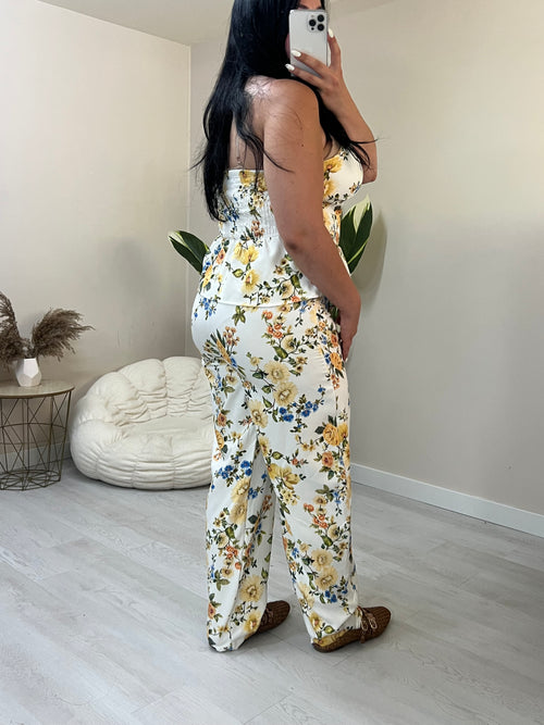 Floral σετ balloon παντελόνι και στράπλες peplum top - Λευκό με κίτρινο