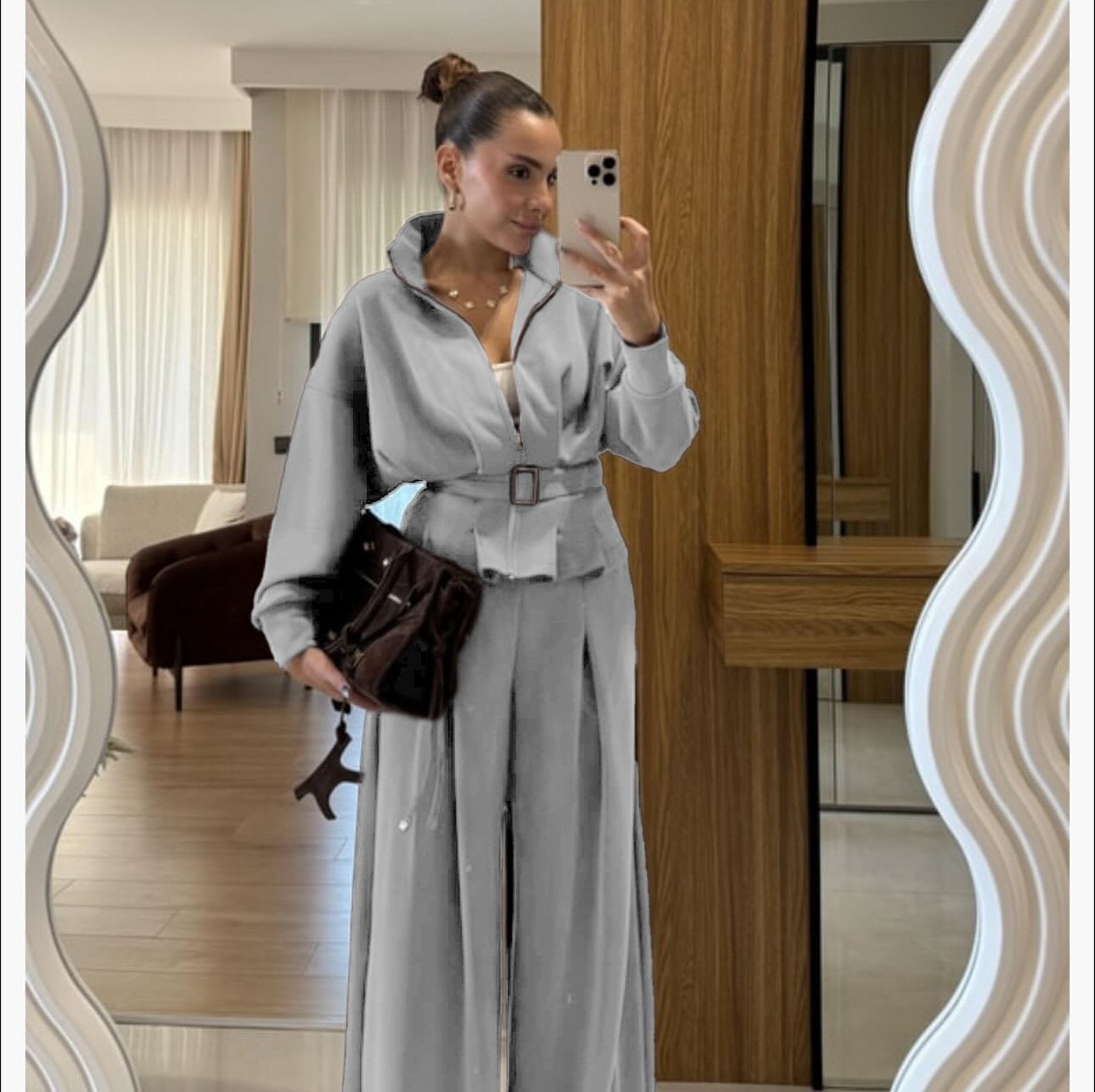 Σετ φόρμα, ζακέτα με ζώνη και παντελόνι σε φαρδιά γραμμή - Γκρι