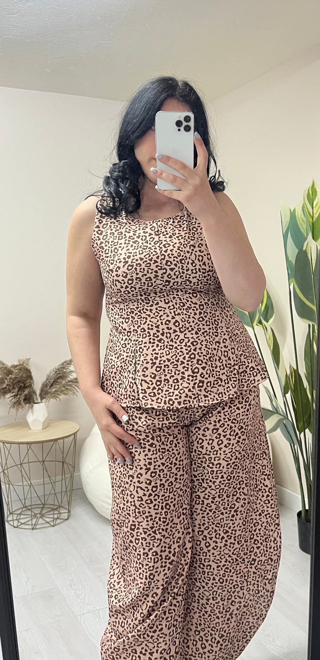 Σετ animal print μπλούζα με βολάν και balloon παντελόνι - Καφέ