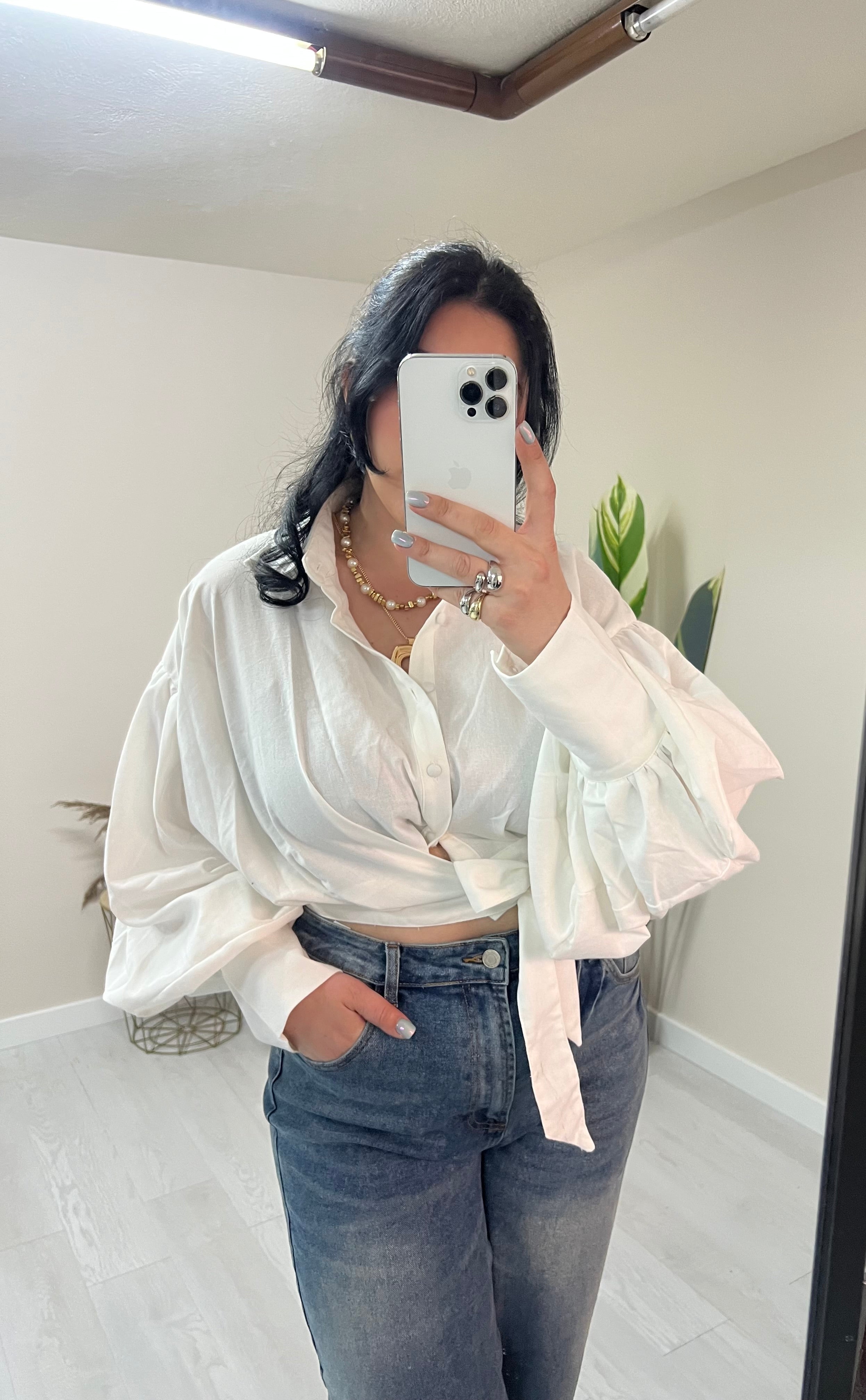 Crop λινό πουκάμισο με δέσιμο στο πλάι - Λευκό