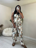 Floral σετ balloon παντελόνι και στράπλες peplum top - Λευκό με καφέ