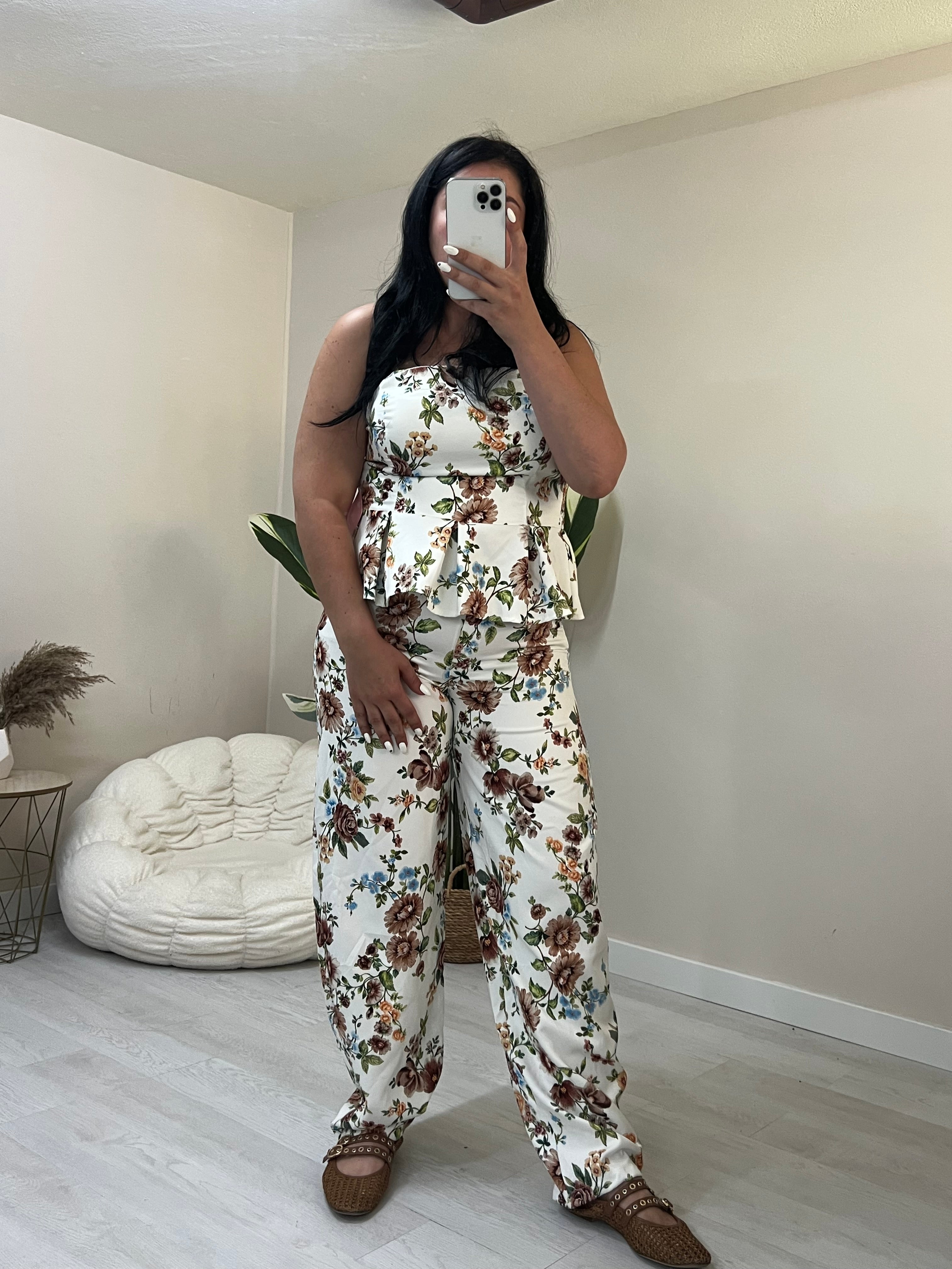 Floral σετ balloon παντελόνι και στράπλες peplum top - Λευκό με καφέ