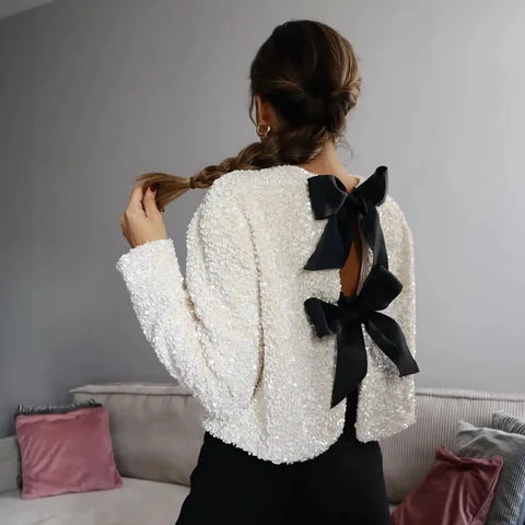 Cropped velvet μπλούζα με κεντητή παγιέτα - Λευκό