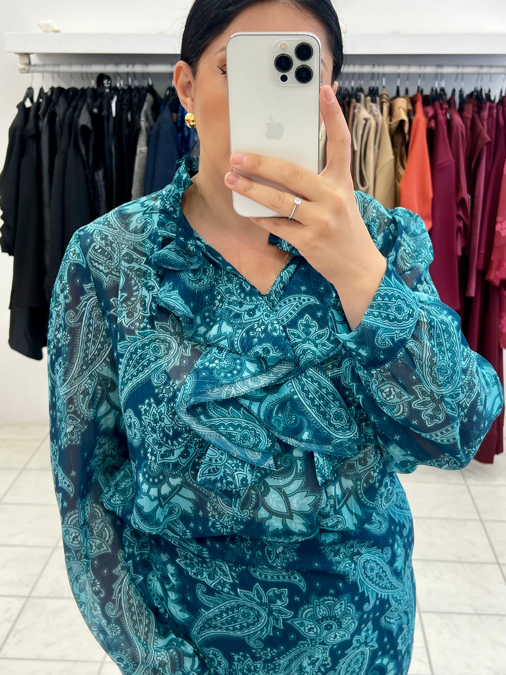 Σετ ημιδιάφανο πουκάμισο με βολάν & φούστα φάκελος - Πετρόλ