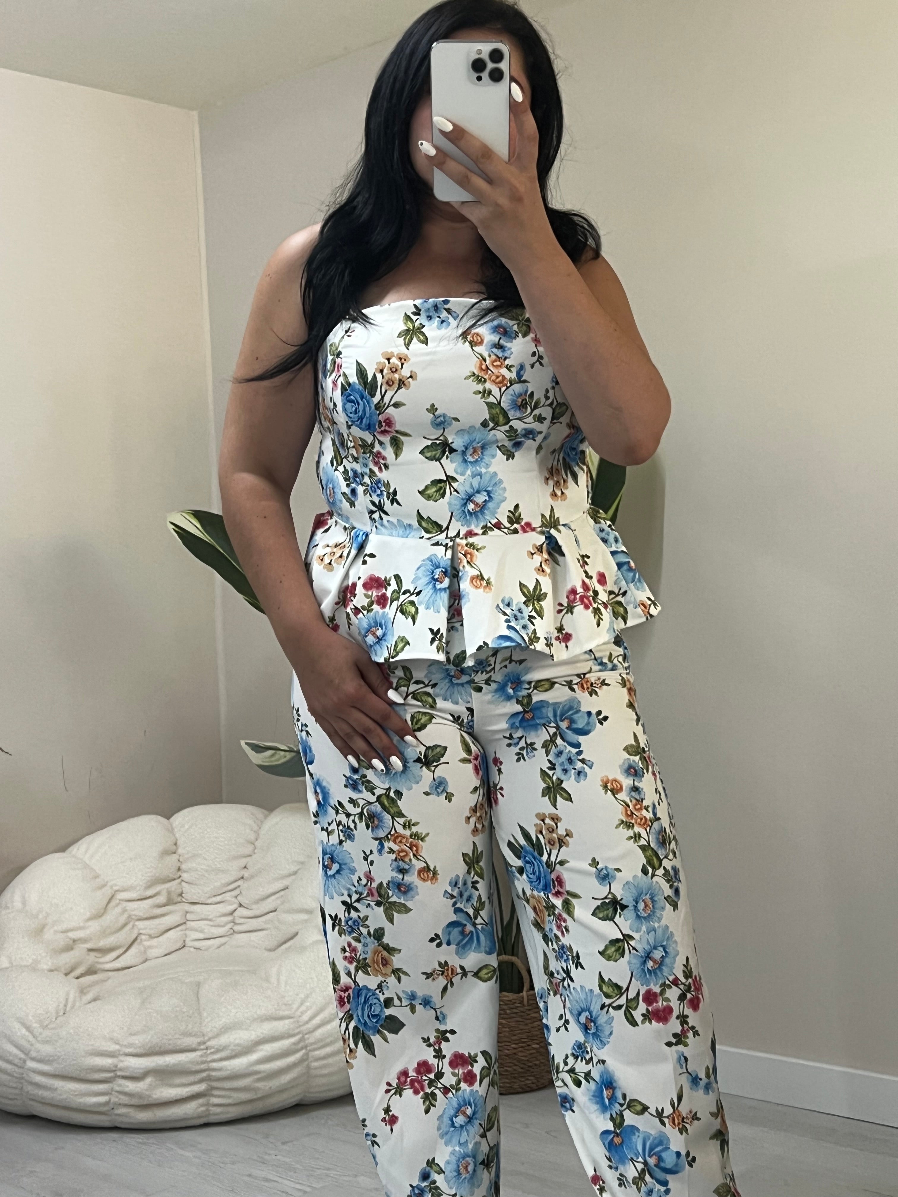Floral σετ balloon παντελόνι και στράπλες peplum top - Λευκό με γαλάζιο