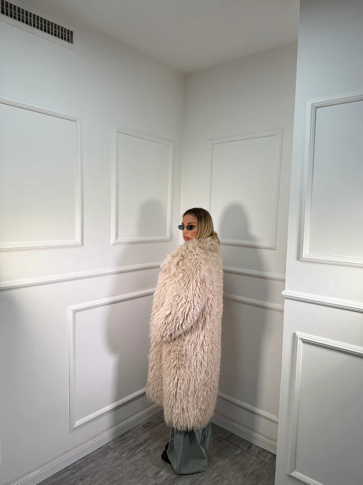 Μακρυά γούνα με μεγάλο γιακά - Μπεζ