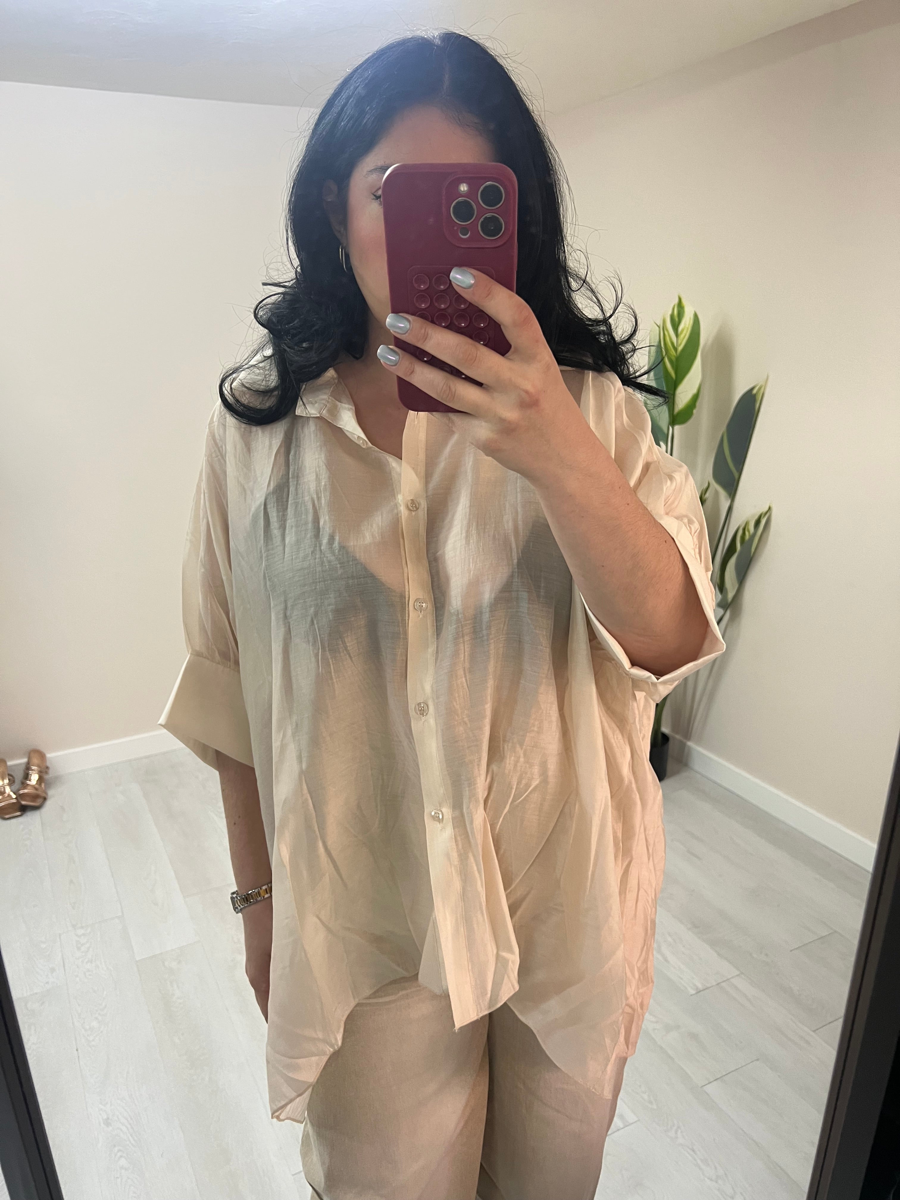 Σατινέ ημιδιάφανη πουκάμισα - Μπεζ