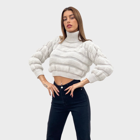 Bubble Knit Turtleneck Sweater - Λευκό