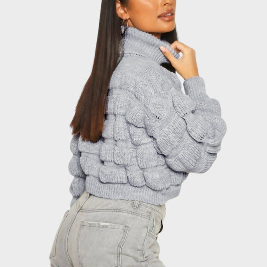 Bubble Knit Turtleneck Sweater - Γκρι Ανοιχτό