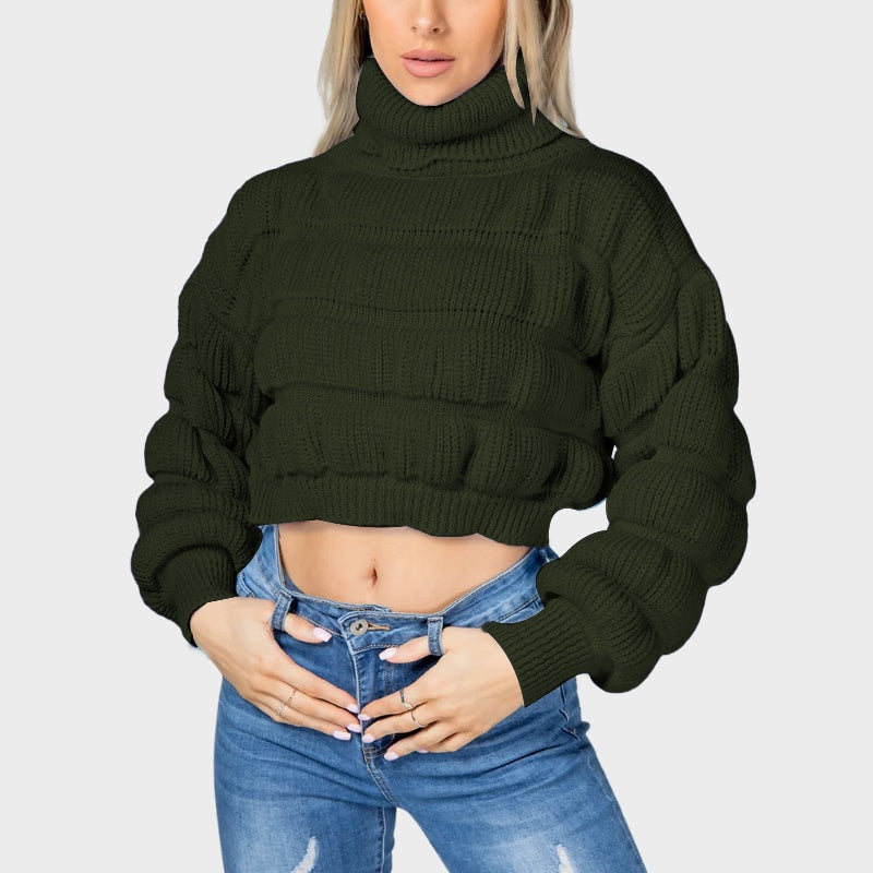 Bubble Knit Turtleneck Sweater - Χακί