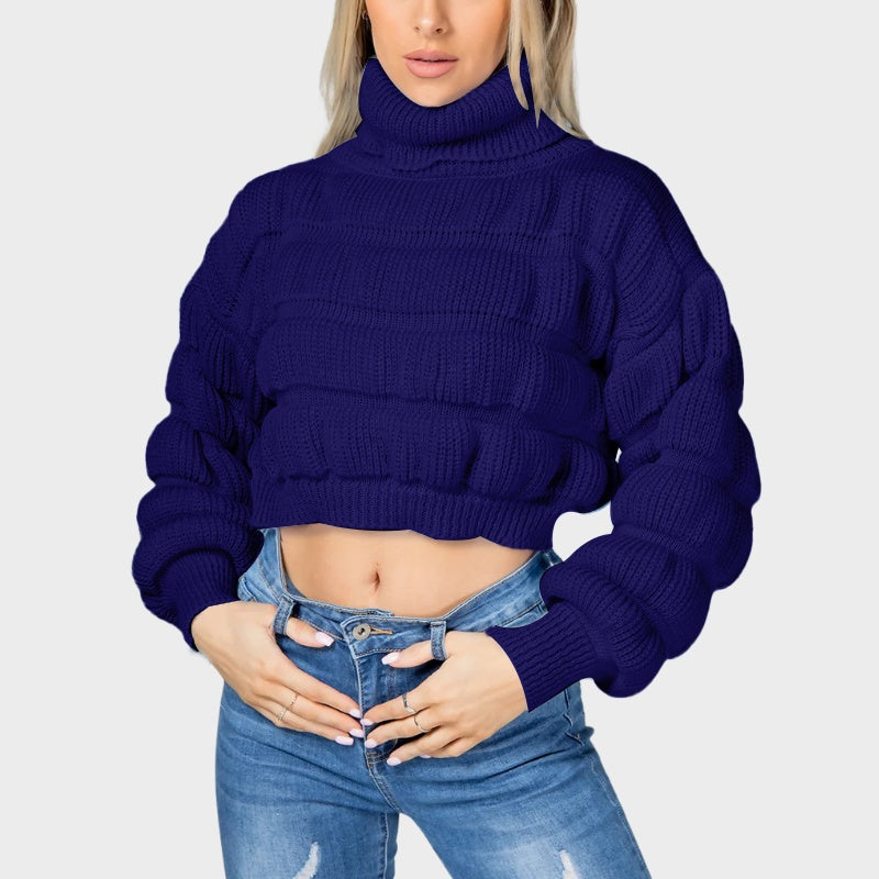 Bubble Knit Turtleneck Sweater - Μπλε Σκούρο