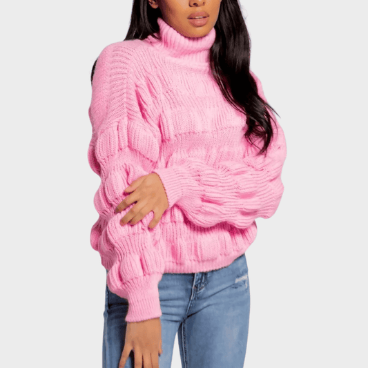 Bubble Knit Turtleneck Sweater - Ροζ Ανοιχτό