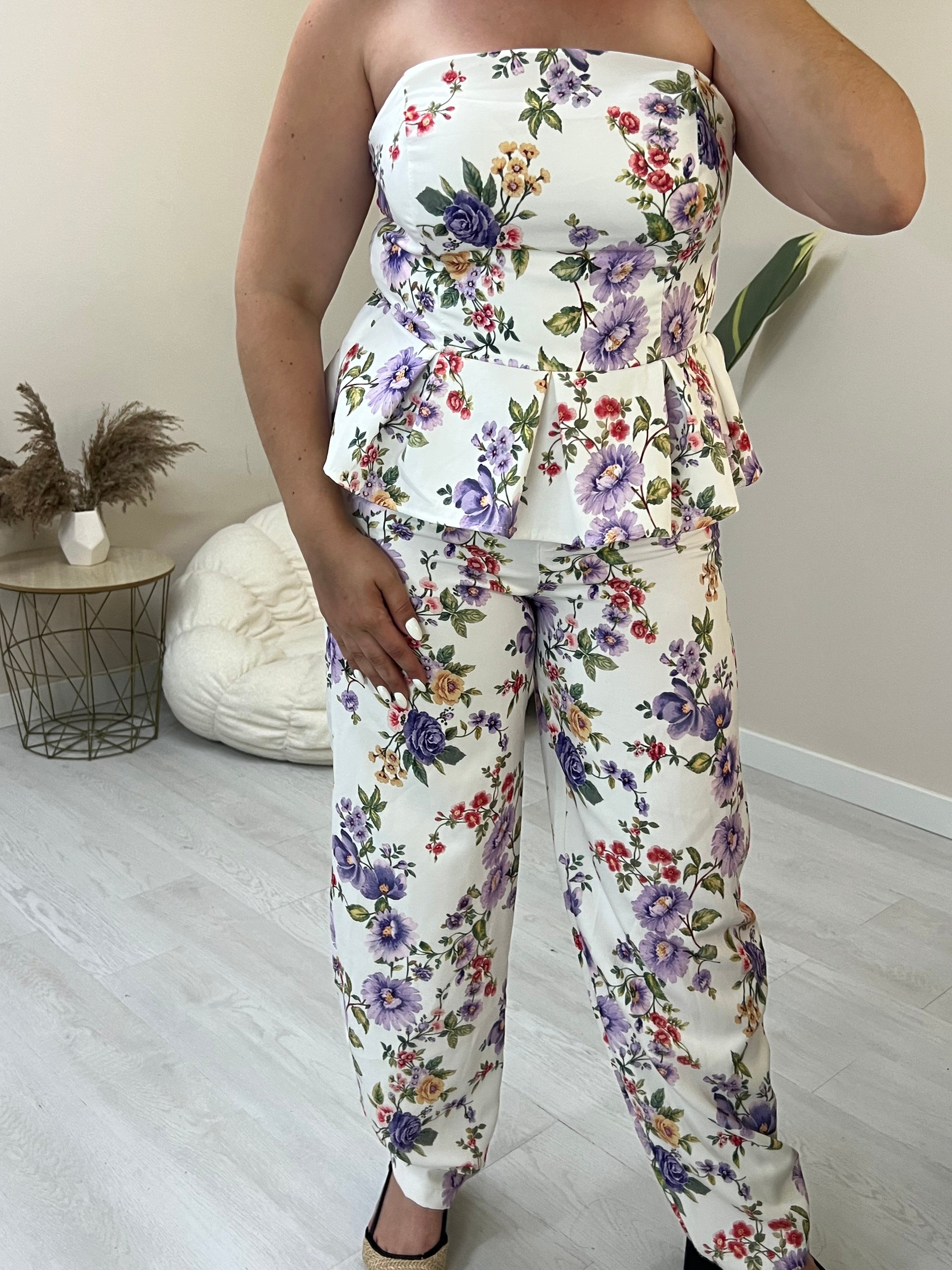 Floral σετ balloon παντελόνι και στράπλες peplum top - Λευκό με μωβ